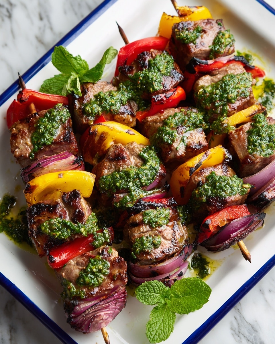 The image shows four skewers of grilled meat and vegetables arranged closely on a white rectangular dish with blue edges, set on a white marbled surface. Each skewer has several chunks of browned, grilled meat mixed with pieces of red and yellow bell peppers and red onion layers. Bright green leafy herb sauce is spread unevenly on top of the skewers, adding freshness and contrast. A fresh mint leaf is placed near the edge of the plate for decoration. The grilled pieces have a slightly charred texture, showing they are cooked well, and the colors of the vegetables are vibrant against the white dish. Photo taken with an iphone --ar 4:5 --v 7