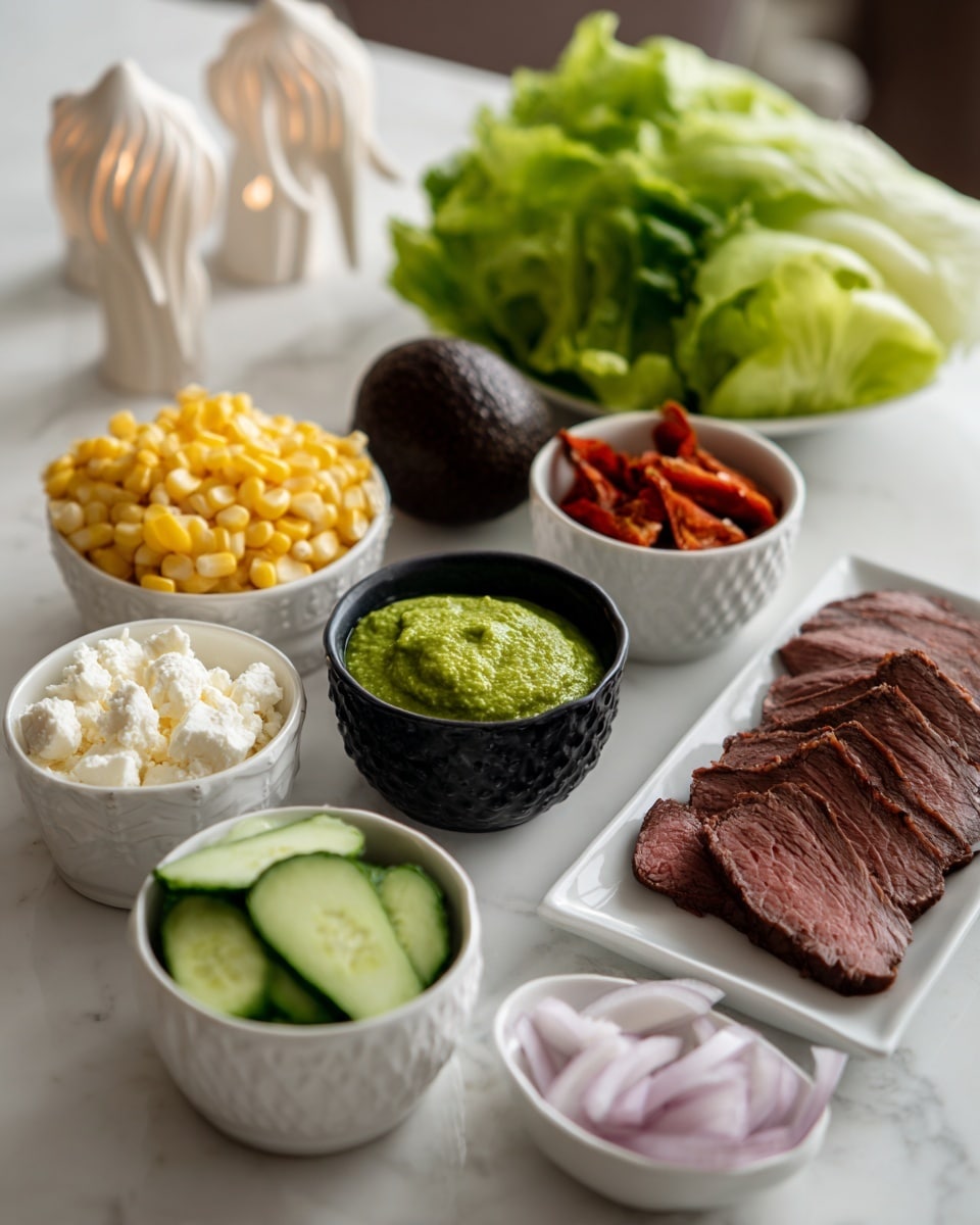 The image shows several small white bowls and a white plate on a white marbled surface, each filled with different food items. From left to right, there is a bowl of cooked yellow corn kernels, a bowl of red roasted pepper pieces, and a bowl of thinly sliced cucumber rounds. Near the center is a dark brown whole avocado placed in front of a small black bowl filled with crumbly white cheese. To the right of the cheese is a white bowl full of thick green sauce with a smooth and creamy texture. Behind the sauce is a large bunch of fresh, dark and light green leafy lettuce. On the far right, a white plate holds slices of medium-cooked brown and pink meat. Next to the meat on the bottom right is a plate of thin, partly translucent slices of red onion. Two small white decorative elephant-shaped objects are also visible in the background. Photo taken with an iphone --ar 4:5 --v 7