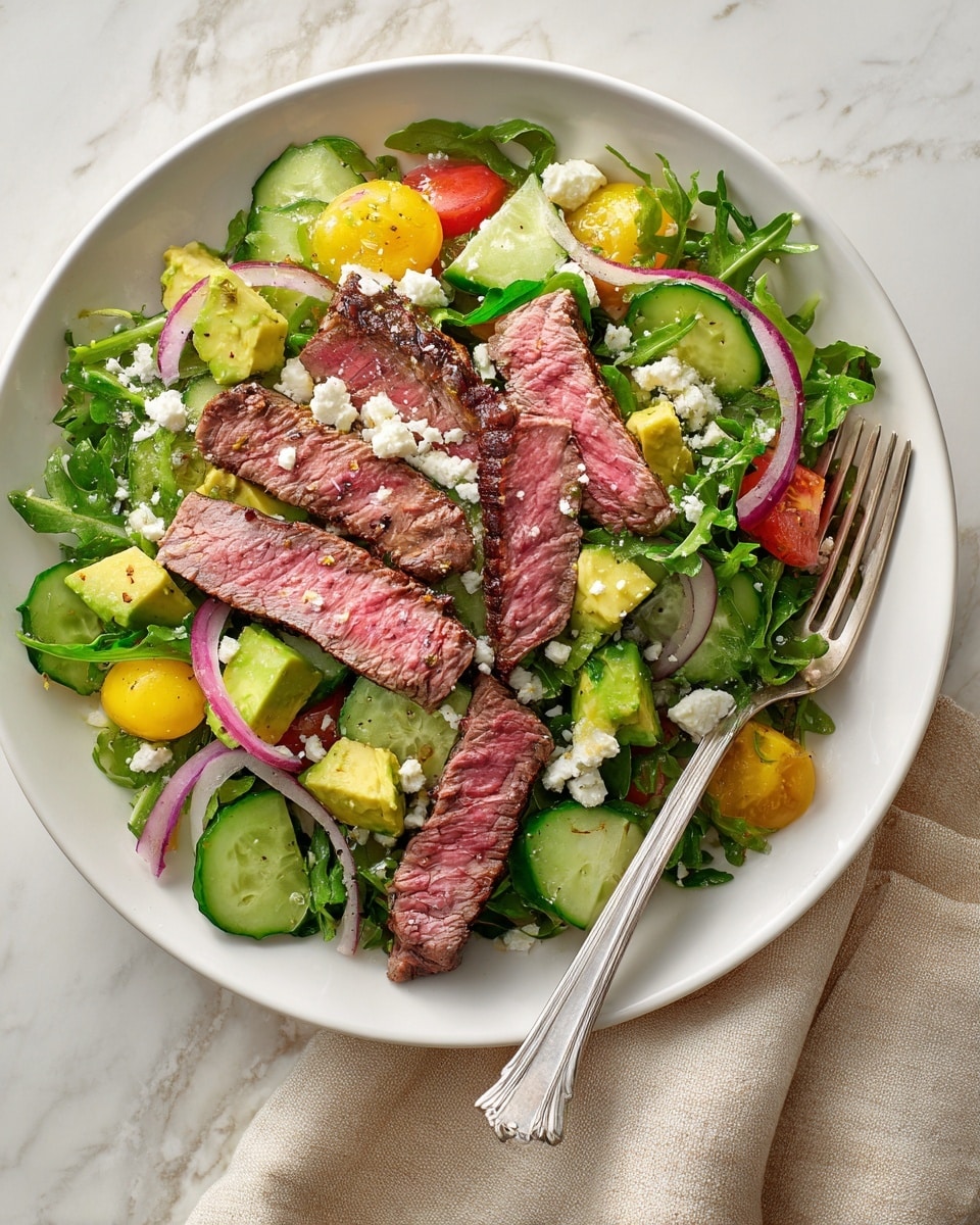 A white plate holds a fresh salad with several layers: the bottom layer is green arugula leaves, next is scattered slices of cucumber and yellow cherry tomatoes, followed by small cubed avocado pieces and thin slices of red onion. On top of that, there are strips of cooked medium-rare steak that show a pink center and brown edges. Crumbled white cheese is spread lightly over the salad. A silver fork rests on the bottom right side of the plate, touching a steak strip. The plate is placed on a white marbled surface, with a beige napkin nearby. Photo taken with an iphone --ar 4:5 --v 7