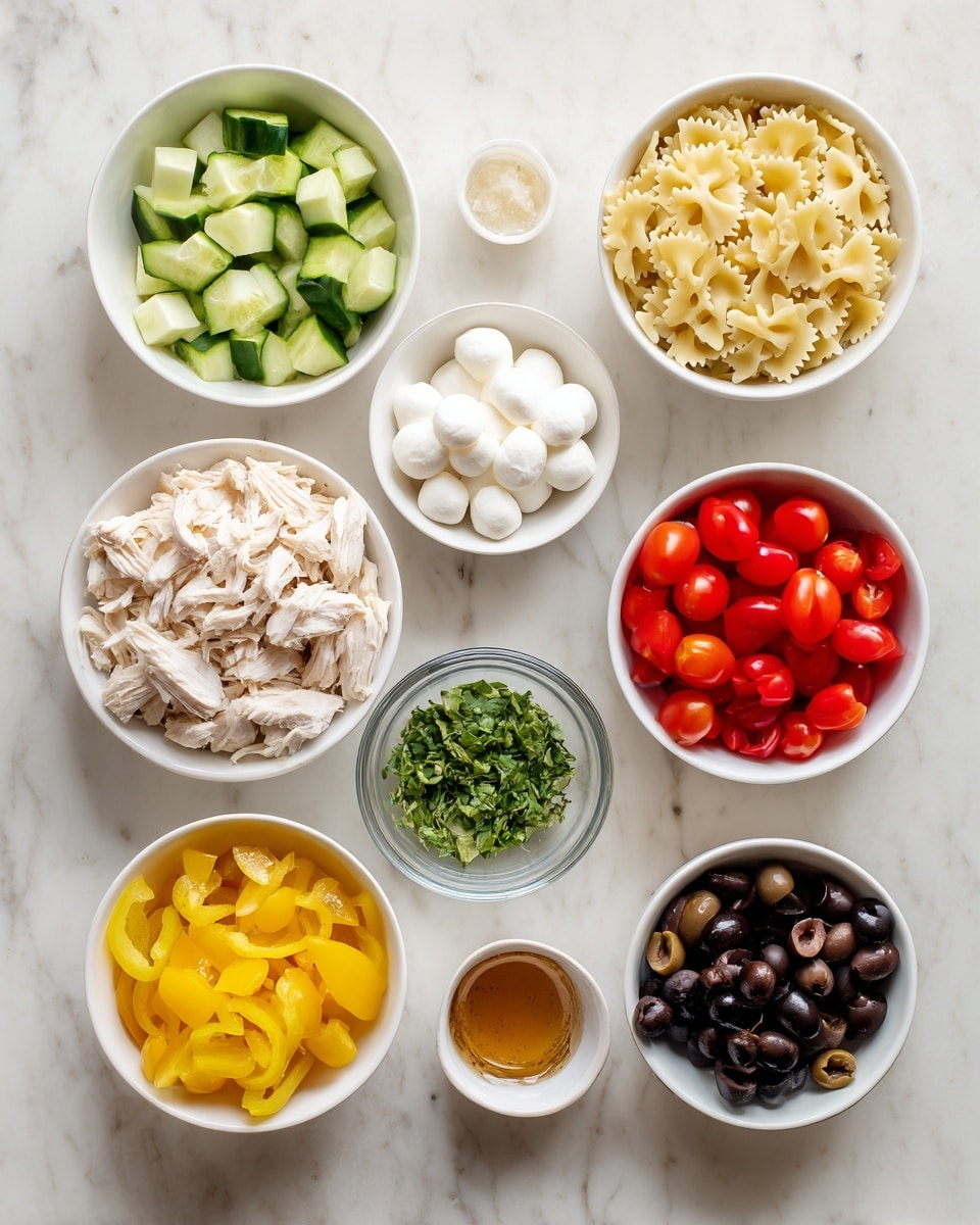 Eight small white bowls are arranged on a white marbled surface. The top left bowl holds chopped green cucumbers, the one on the top right is filled with uncooked farfalle pasta that is pale yellow. Below the cucumbers, there are chunks of white cooked chicken, next to it, halved bright red cherry tomatoes. In the middle, a bowl of small white mozzarella balls sits below the chicken bowl. A small glass bowl containing finely chopped green herbs is next to the cherry tomatoes. At the bottom left, there's a bowl of chopped yellow bell peppers, beside it a bowl with brownish-orange dressing, and to the right, there are sliced black olives. The scene is clean and bright. photo taken with an iphone --ar 4:5 --v 7