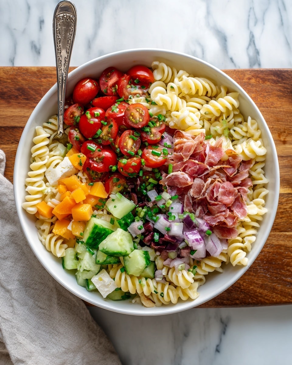 A white bowl filled with a colorful pasta salad sitting on a wooden board on a white marbled surface. The salad has three main layers: the bottom layer is light beige twisted pasta; the middle layer is mixed with bright red halved cherry tomatoes, green cucumber slices, small pieces of white cheese, orange cubes, and purple olive slices; the top layer has thin pinkish strips of cured meat and a sprinkle of finely chopped green onions. A silver fork with an engraved handle rests inside the bowl. Photo taken with an iphone --ar 4:5 --v 7