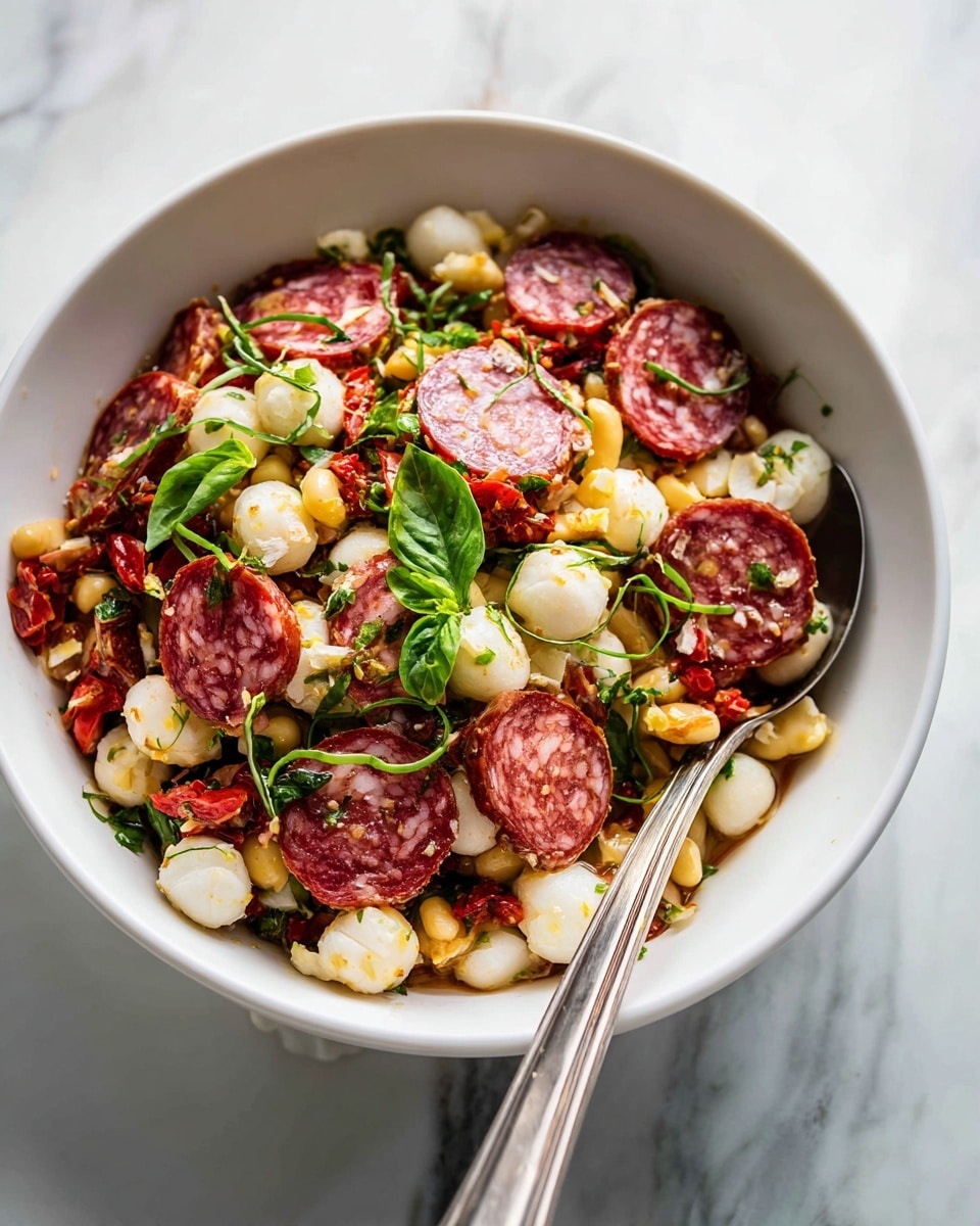 A white bowl filled with a layered salad showing slices of red and marbled salami scattered throughout, mixed with small white beans, chunks of white cheese, and small round mozzarella balls. The salad includes bits of yellow pepper and red sun-dried tomatoes, all topped with thin strips of fresh green basil. A silver spoon rests on the right side inside the bowl, with a woman's hand holding it. The bowl sits on a white marbled surface photo taken with an iphone --ar 4:5 --v 7