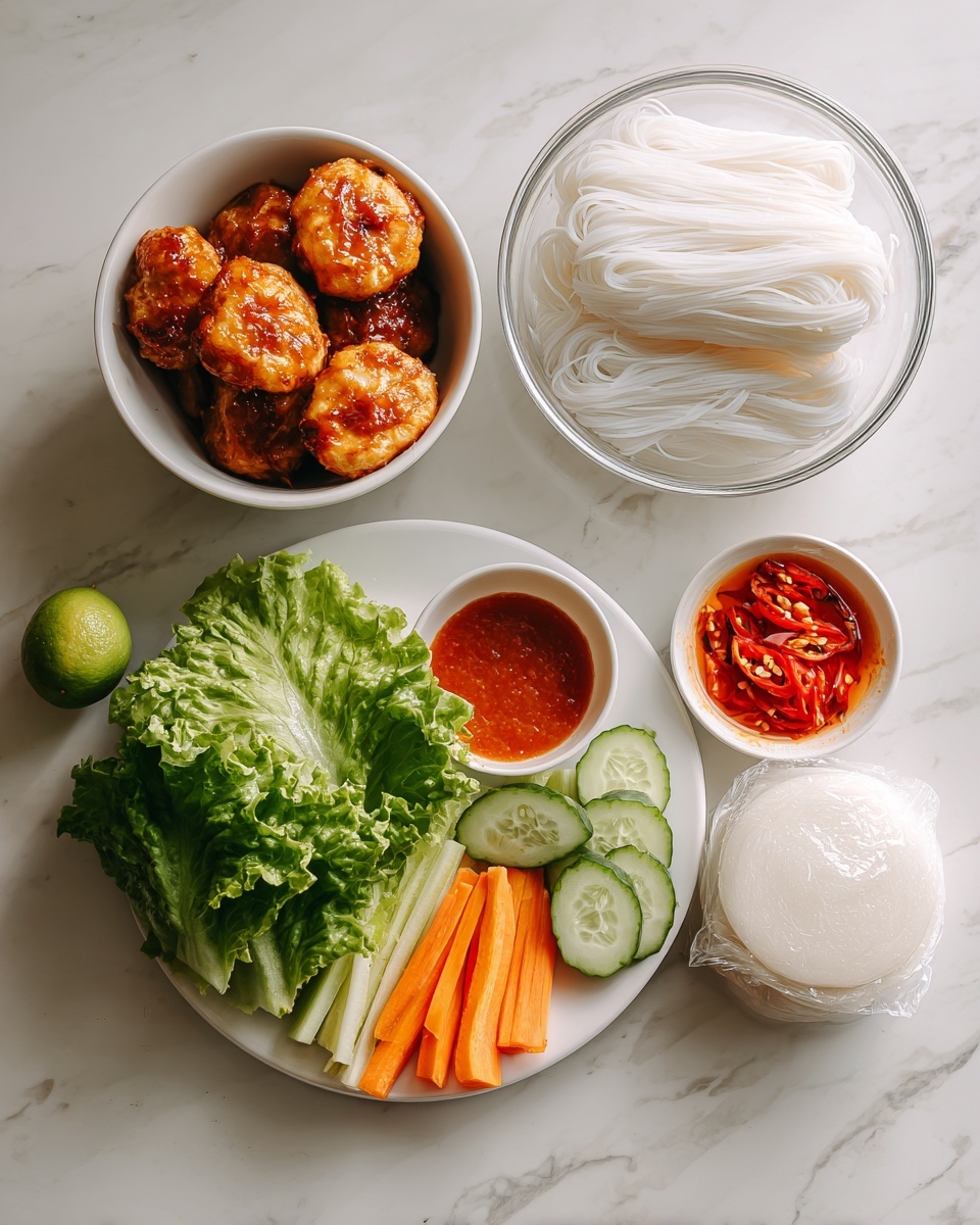 The image shows a food scene on a white marbled surface with five main items: a white bowl in the top left filled with three golden brown cooked chicken pieces covered in sauce, a clear glass bowl on the top right holding a nest of thin white rice noodles, a small white bowl below the noodle bowl filled with a bright red sauce, a white plate at the bottom right containing several fresh green lettuce leaves, bright orange carrot sticks, green cucumber sticks, and a small pile of red chili slices in the middle, and a partially visible stack of round white rice papers wrapped in plastic on the bottom left. A sliced lime is placed near the center of the image next to the bowls. photo taken with an iphone --ar 4:5 --v 7
