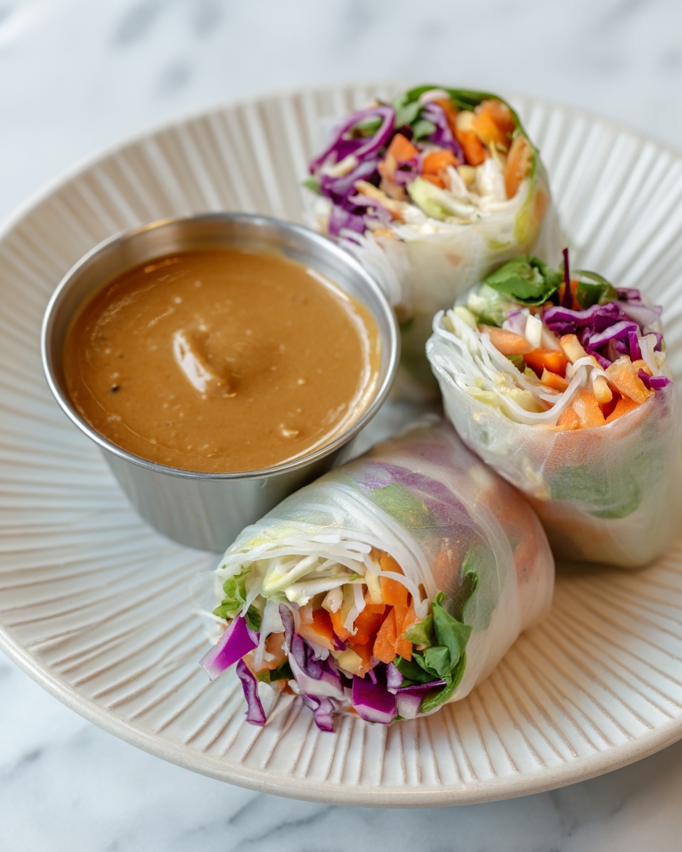 Three fresh spring rolls are placed on a white plate with ridged edges. Each roll has a translucent rice paper wrapper showing thin white noodles, purple cabbage, orange carrot strips, green herbs, and creamy light sauce inside. The rolls are arranged in a semi-circle around a small metal cup filled with thick peanut sauce, which has a smooth texture and rich brown color. The background is a white marbled texture. Photo taken with an iphone --ar 4:5 --v 7