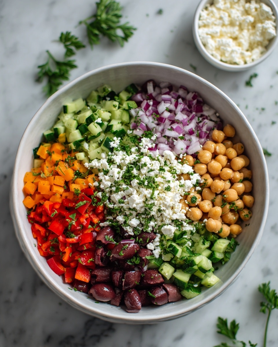 A white bowl filled with a colorful chickpea salad sits on a white marbled surface. The salad has three main layers visible: the bottom layer is a mix of chopped green cucumbers and orange bell peppers, the middle layer is a mix of tan chickpeas, dark purple olives, and chopped red onions, and the top layer is sprinkled with crumbled white cheese and chopped green parsley. A smaller white bowl with more white cheese is placed slightly behind the main bowl, and a few parsley leaves are scattered on the surface nearby. Photo taken with an iphone --ar 4:5 --v 7