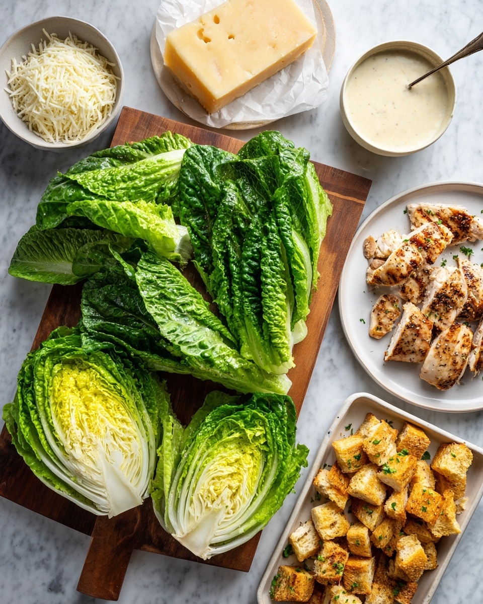 The image shows a fresh caesar salad setup on a white marbled surface. At the center is a wooden board with torn, dark green romaine lettuce leaves and two halves of romaine lettuce heads with bright, fresh green leaves and a lighter inner core. To the upper left, there's a small white bowl filled with grated cheese, mostly white with some yellow hints, and a wedge of hard yellow cheese with a rough texture beside it. Above the board, there is a white bowl containing creamy light beige dressing with a spoon resting inside. To the right, a white plate holds four grilled chicken pieces, light brown with dark grill marks and some seasoning visible. Below and to the right of the plate, a tray holds golden brown, crispy bread cubes with some herbs sprinkled on them. The whole scene is bright and clean, with a neat arrangement and fresh ingredients, photo taken with an iphone --ar 4:5 --v 7