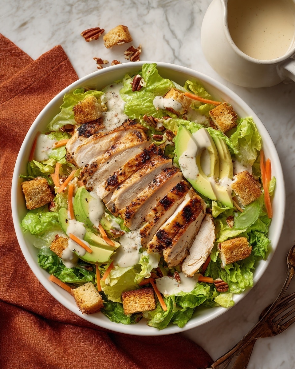 A white bowl filled with a fresh salad resting on a white marbled surface. The first layer is green romaine lettuce mixed with slices of light green avocado and thin orange carrot strips. On top of this is a layer of light golden brown croutons scattered evenly. The main focus is a grilled, sliced chicken breast placed in the center with a rich golden-brown char and visible grill marks. The salad is drizzled with a creamy white dressing and sprinkled with crushed pecans, adding texture and color contrast. A white cup with extra dressing sits to the top right of the bowl, and a woman's hand is resting near the bowl on a rust-colored cloth. Photo taken with an iphone --ar 4:5 --v 7