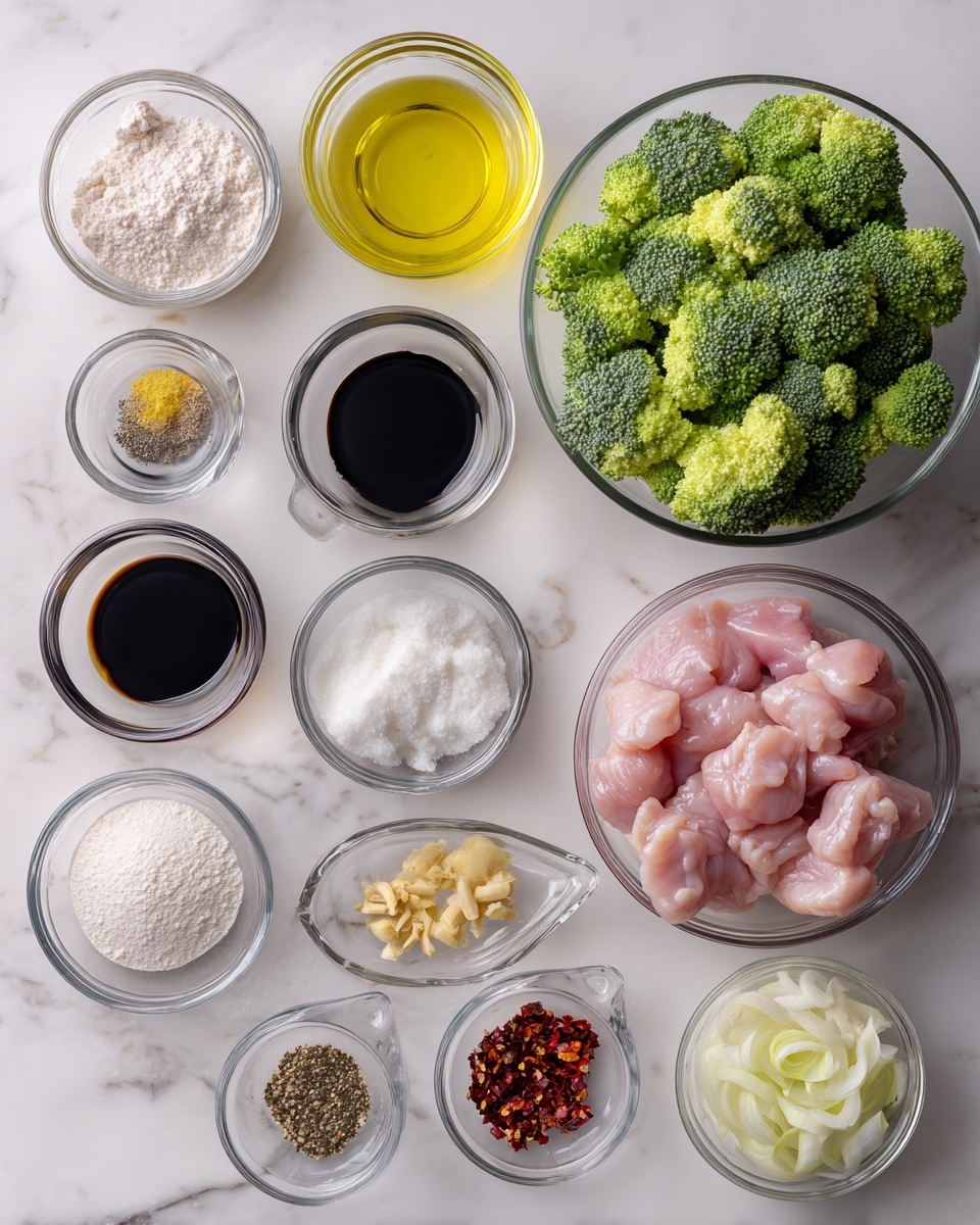 The image shows a white marbled surface with several clear glass bowls and small clear measuring cups arranged neatly. In the top right, there is a large clear bowl filled with bright green broccoli florets. Next to it, a medium clear bowl holds raw pink chicken pieces. On the left side, there are four small clear measuring cups in a row from left to right, containing yellow oil, dark soy sauce, dark hoisin sauce, and light water. Below these cups, smaller clear bowls hold white cornstarch, white sugar, sliced white onions, light brown minced ginger, minced yellow ginger, sliced garlic, red chili flakes, and dried black pepper. The ingredients are spread evenly and clearly visible, all on the white marbled surface. photo taken with an iphone --ar 4:5 --v 7