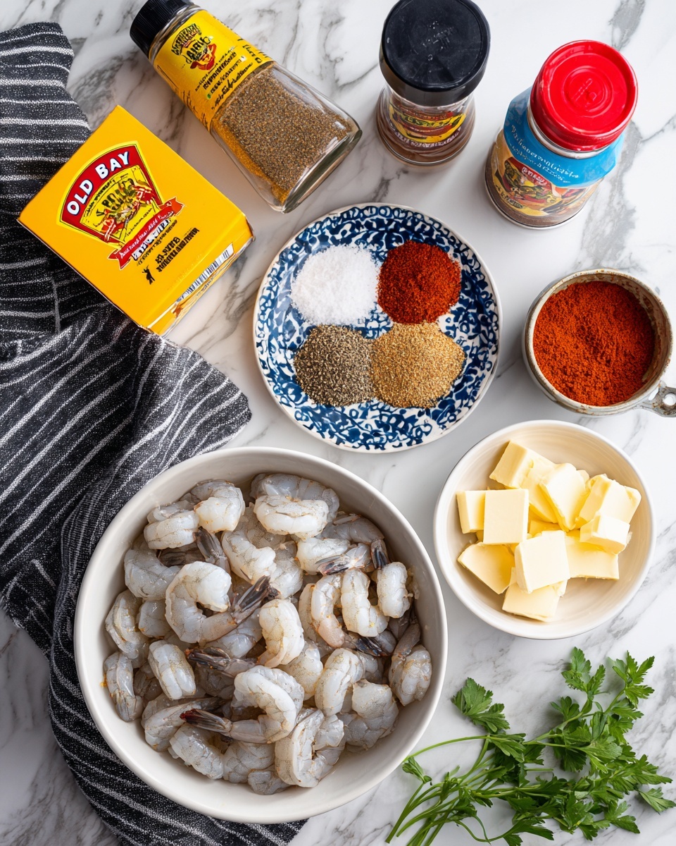 The image shows a white bowl filled with raw shrimp at the bottom center, sitting on a white marbled surface with a black and white striped cloth underneath. Above the bowl are five seasoning containers arranged in a loose circle: a yellow Old Bay seasoning box to the left, a clear bottle with black lid of onion powder next to it, a clear bottle of cayenne pepper in the middle, a black-lidded lemon pepper bottle to the right, and a red and blue smoked paprika tin further right. In the center of these containers is a small blue and white patterned plate holding five piles of spices: black pepper, white salt, light brown ground mustard, red paprika, and crushed red pepper flakes. To the right of the shrimp bowl are two small white bowls—one with softened butter squares at the bottom and the other with minced garlic on top—and some green parsley leaves scattered around. Photo taken with an iphone --ar 4:5 --v 7