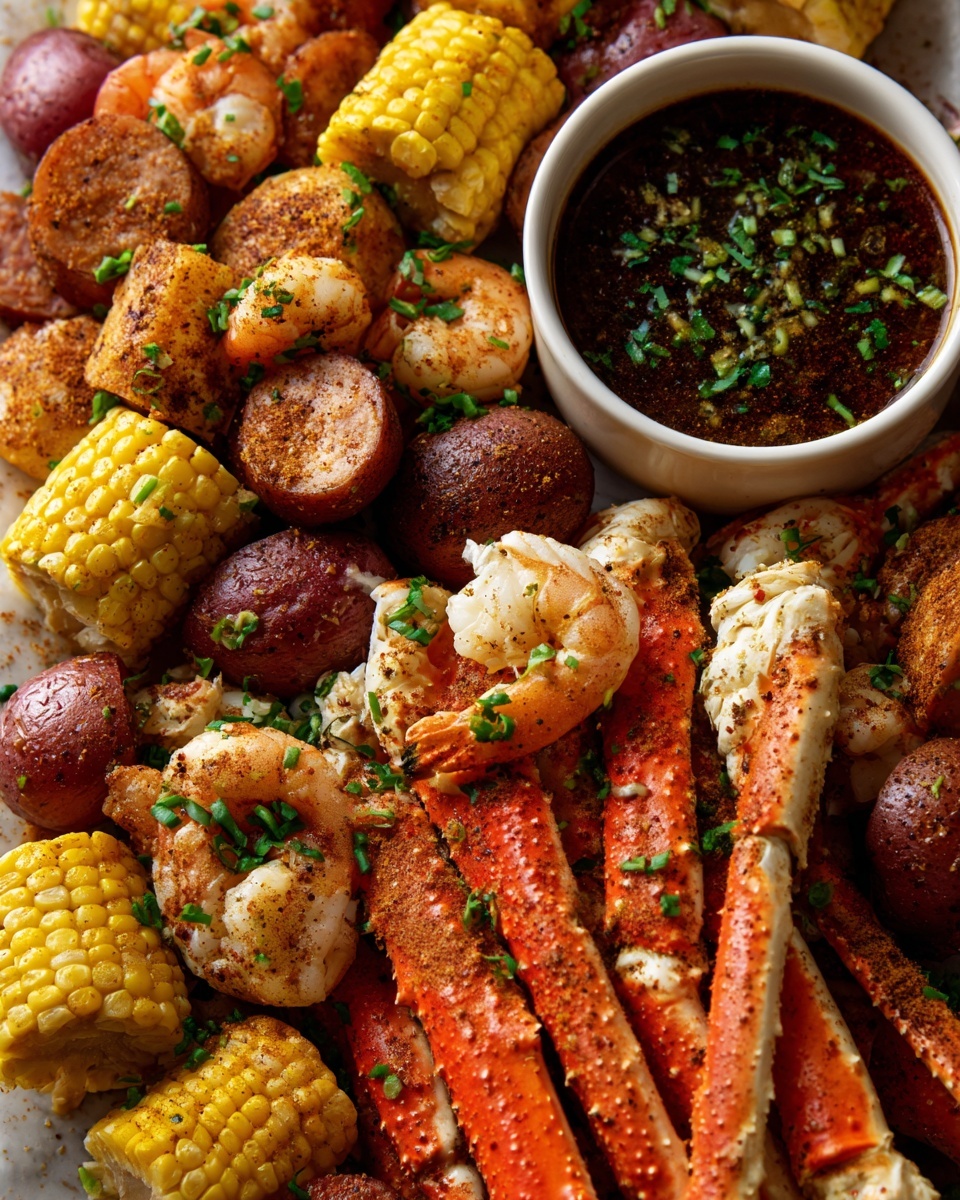 A close-up image showing a seafood boil spread on a white marbled surface. The dish has multiple layers with king crab legs colored bright orange and white taking center stage. Around the crab legs there are pink shrimp coated in a rich brown seasoning, golden-yellow corn on the cob cut into small rounds, and small reddish-brown potatoes. A few pieces of sausage, also covered in seasoning, are visible. Green herbs are sprinkled evenly across the dish for a fresh touch. On the top right, there is a white bowl filled with a dark brown dipping sauce garnished with green herbs. photo taken with an iphone --ar 4:5 --v 7