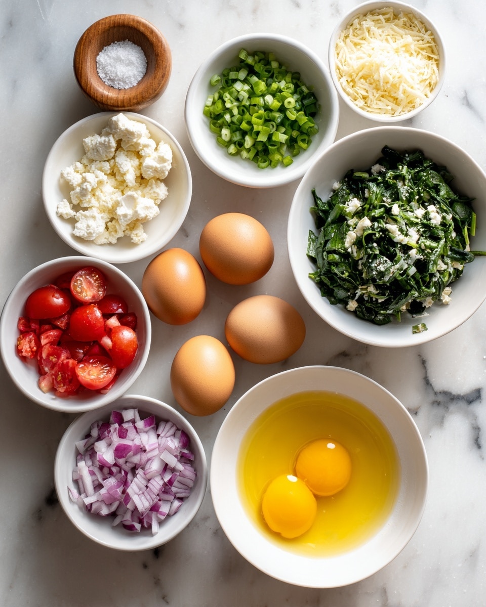 The image shows a top view of various ingredients arranged neatly on a white marbled surface. There are four brown eggs placed in the center. To the right, a white bowl filled with fresh chopped spinach sits next to a bowl containing a yellow liquid, likely beaten eggs. Surrounding these, there are small white bowls with finely chopped red onions, halved cherry tomatoes, crumbled white cheese, and a small amount of olive oil. Above the eggs, in two more white bowls, are finely chopped green onions and grated parmesan cheese. A wooden salt holder with a small amount of salt is also placed to the left. The composition is clean and organized, with the colors of the ingredients contrasting against the white bowls and surface, giving a fresh and simple look. Photo taken with an iphone --ar 4:5 --v 7