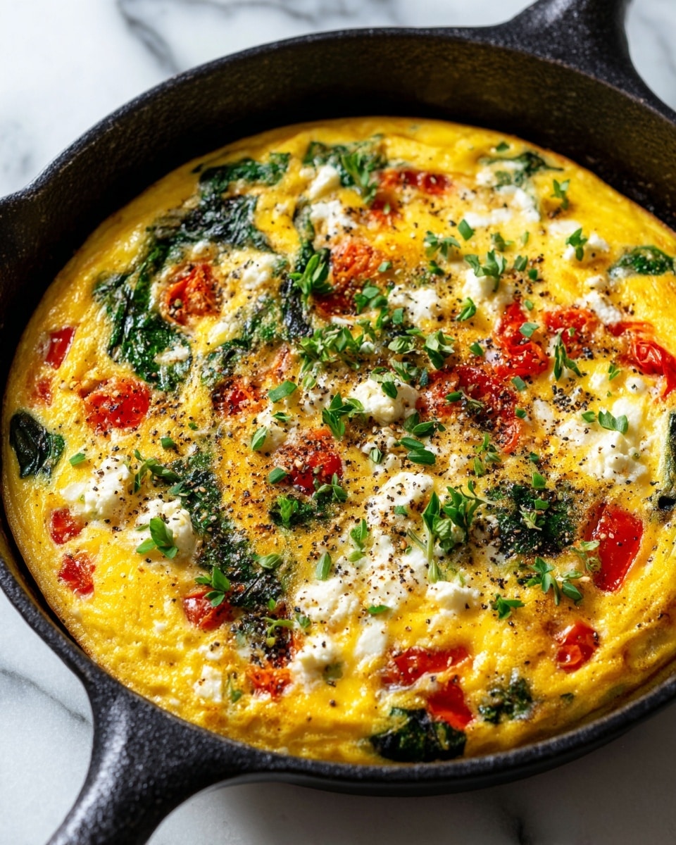 A round frittata in a black cast iron pan sits on a white marbled surface. The frittata has a golden-yellow egg base spread evenly as the first layer, topped with scattered bright red tomato pieces, dark green spinach leaves, and small chunks of white cheese. Fresh green herbs are sprinkled on top along with ground black pepper, creating a textured, colorful finish across the surface. The edges of the frittata are slightly browned and firm, contrasting with the soft middle. Photo taken with an iphone --ar 4:5 --v 7