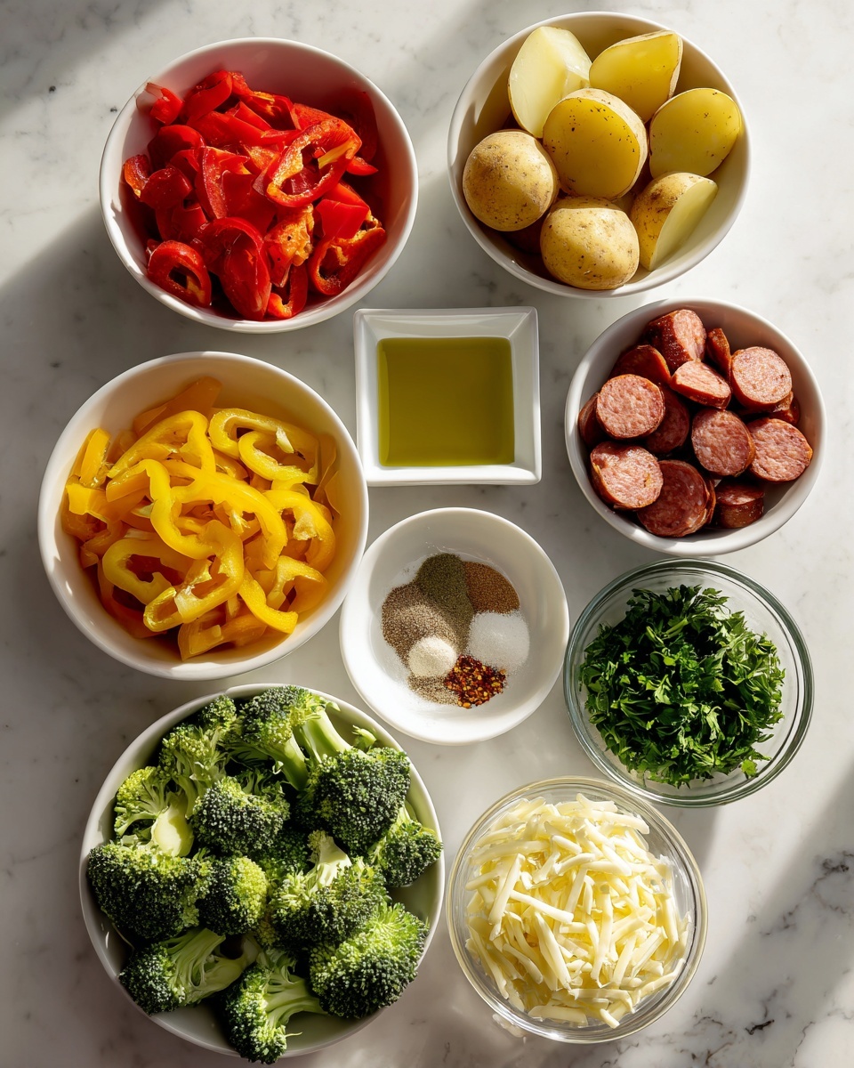 The image shows an organized collection of ingredients placed on a white marbled surface. There are eight white bowls arranged neatly, each holding different items: one bowl is filled with chopped red bell peppers, another with halved yellow potatoes, a third with sliced sausage pieces in shades of reddish-brown with visible meat texture, a fourth bowl contains bright green broccoli florets, and a fifth has sliced yellow bell peppers. There is a small square white dish filled with golden olive oil, a round white bowl with mixed powdered spices in shades of brown, beige, and white, a small clear glass bowl with chopped fresh green parsley, and another clear bowl holding finely shredded pale yellow cheese. The lighting is bright and natural, highlighting the fresh colors and textures of the ingredients. photo taken with an iphone --ar 4:5 --v 7