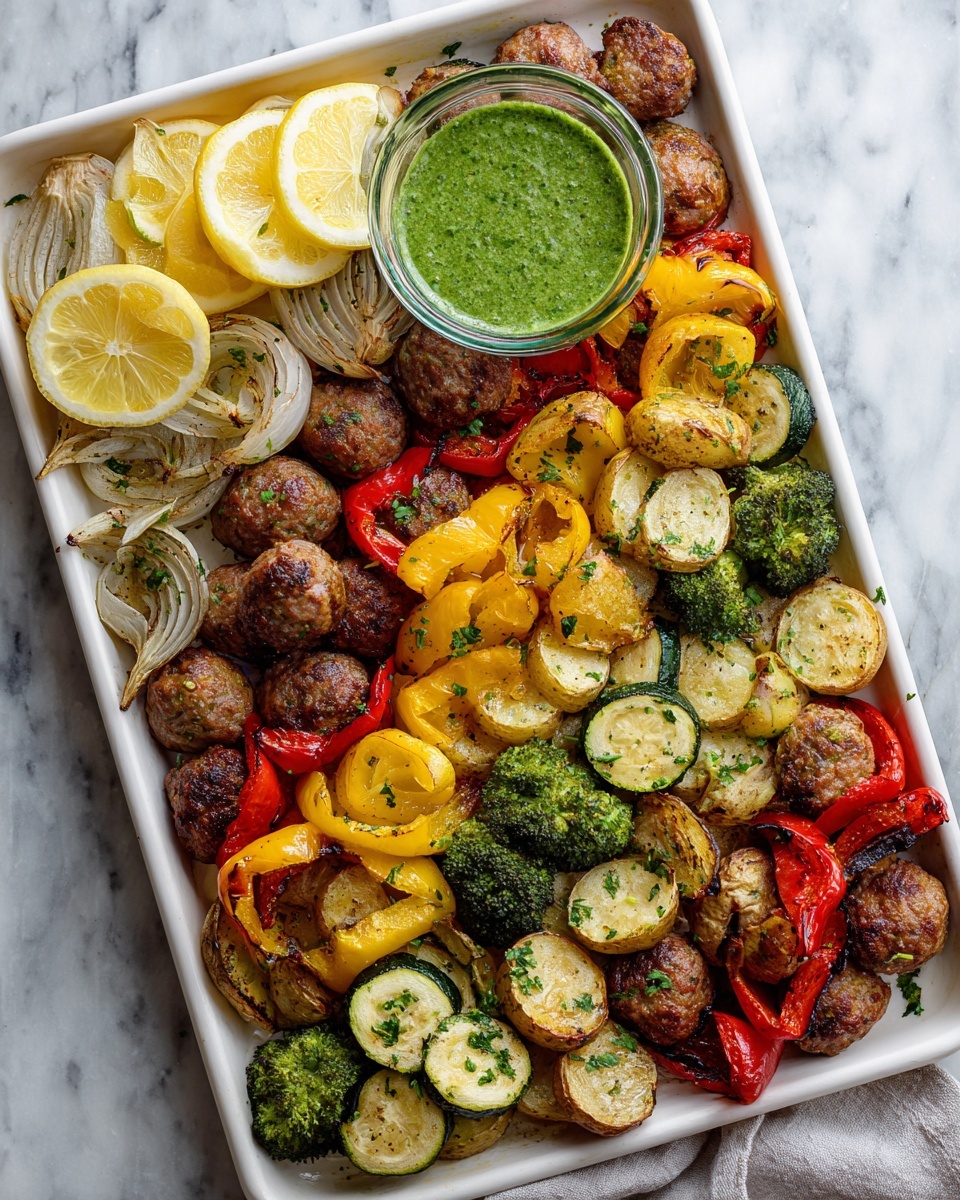 A white tray filled with a colorful mix of roasted vegetables and small browned sausage pieces. The layers include golden roasted potato slices and chunks of zucchini with a light browned skin. There are pieces of bright red and yellow bell peppers scattered evenly, along with green broccoli florets and translucent roasted onion wedges. On the top left corner, there are three lemon wedges neatly placed beside a small glass bowl filled with green sauce. The tray is set on a white marbled surface, and the food has a slight sprinkling of white and green herbs over it. photo taken with an iphone --ar 4:5 --v 7