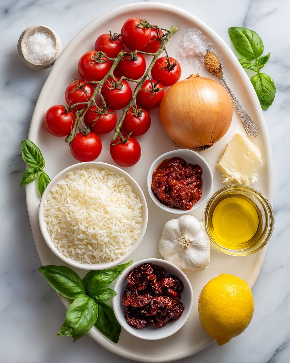 An oval white plate on a white marbled surface holds several ingredients arranged neatly: a cluster of bright red cherry tomatoes still on the vine rests on the left, next to an orange-brown whole onion near the top center; below the onion is a white bowl filled with uncooked white rice, taking up much of the bottom left side. To the right of the rice is a smaller white bowl with dark red sun-dried tomatoes. Garlic bulbs sit behind this bowl, and a small glass container of golden olive oil is placed near the bottom right edge of the plate. Around the plate on the marble surface are a yellow lemon, a mound of sea salt in a small white dish, a glass of white liquid, green basil leaves, a spoon with red tomato paste, and a small piece of butter wrapped in paper. Photo taken with an iphone --ar 4:5 --v 7