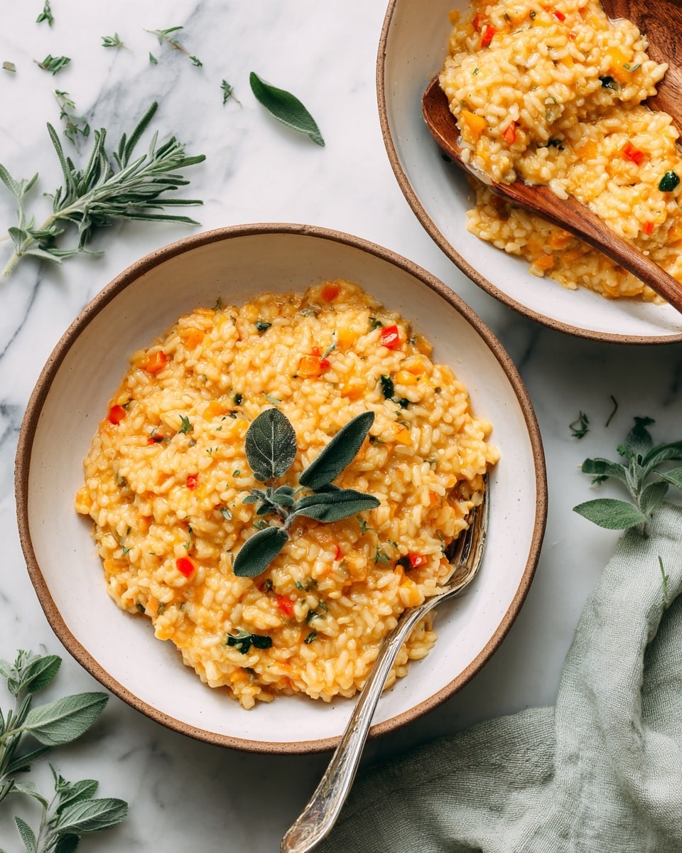 A bowl of creamy orange risotto with visible grains of rice and small pieces of vegetables mixed in, topped with a few green herb sprigs. The risotto fills one white bowl with a thin brown rim, and a fork rests on the right side inside the bowl. In the top right corner, there is a white dish filled with more risotto and a wooden spoon partially dipped into it. The setting has a white marbled surface with scattered green herb sprigs and a folded light green cloth napkin nearby. photo taken with an iphone --ar 4:5 --v 7