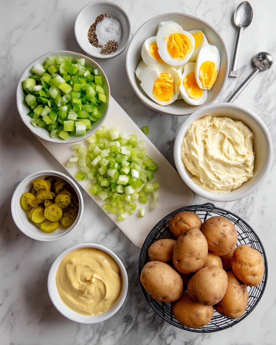 The image shows a bunch of raw ingredients neatly arranged on a white marbled surface. On the left, three types of chopped vegetables—light green celery, green onions, and yellow pickles—are placed side by side on a white cutting board. In front of the chopped veggies on the board is a small white bowl with some yellow mustard sauce. To the top left, there is a small white bowl holding ground black pepper and salt. Next to it, a white bowl contains chopped boiled eggs with bright yellow yolks on top. To the right of that, another white bowl is filled with thick mayonnaise with a spoon inside. On the far right, there is a black wire basket filled with several whole brown potatoes. A woman's hand with a metal measuring cup holding vegetable oil is also visible hovering from the left side of the image. Photo taken with an iphone --ar 4:5 --v 7