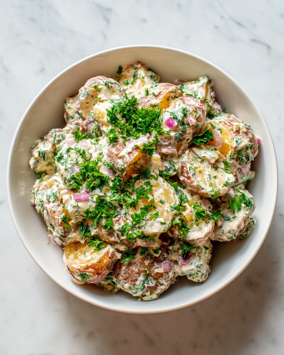 A white bowl filled with a creamy potato salad made of small sliced brown-skinned potatoes mixed with a thick, white dressing that has small green herbs and bits of pink onions evenly spread throughout. The potato slices have a soft texture showing some brown edges, and the whole dish is sprinkled with fresh chopped green parsley on top. The bowl sits on a white marbled surface, giving a clean and fresh look to the simple, rich dish. photo taken with an iphone --ar 4:5 --v 7
