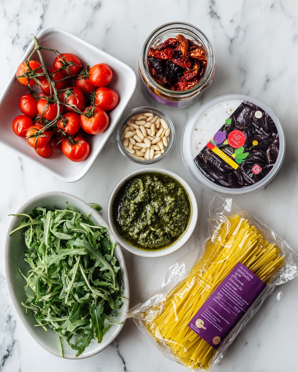 A flat lay of fresh ingredients on a white marbled surface includes a small white bowl filled with green pesto sauce and bright red cherry tomatoes attached to their vine placed next to it. Nearby, there is a small white bowl with light beige pine nuts and a small glass jar of sun-dried tomatoes with red contents visible. A white oval dish holds fresh green arugula leaves. On the upper right side, a round white container of pepper-flavored fresh mozzarella with a colorful label sits next to a clear plastic bag of yellow casarecce pasta with purple and black labels. Finally, a small white bowl of creamy white sauce completes the arrangement. photo taken with an iphone --ar 4:5 --v 7