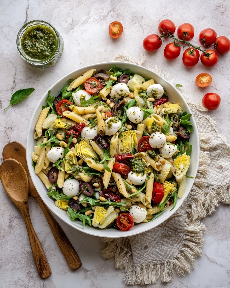 A large white bowl filled with a colorful pasta salad on a white marbled surface; the salad has three layers: a base of pale yellow penne pasta, topped with bright green arugula and basil leaves, chunks of pale green artichokes, red cherry tomatoes, small white mozzarella balls, dark green olives, sun-dried tomatoes, and scattered light brown pine nuts; the salad is drizzled with green pesto sauce and sprinkled with black pepper; around the bowl are fresh cherry tomatoes on vine and a glass jar of pesto; a beige fringed cloth is placed under the bowl next to two wooden salad spoons; photo taken with an iphone --ar 4:5 --v 7
