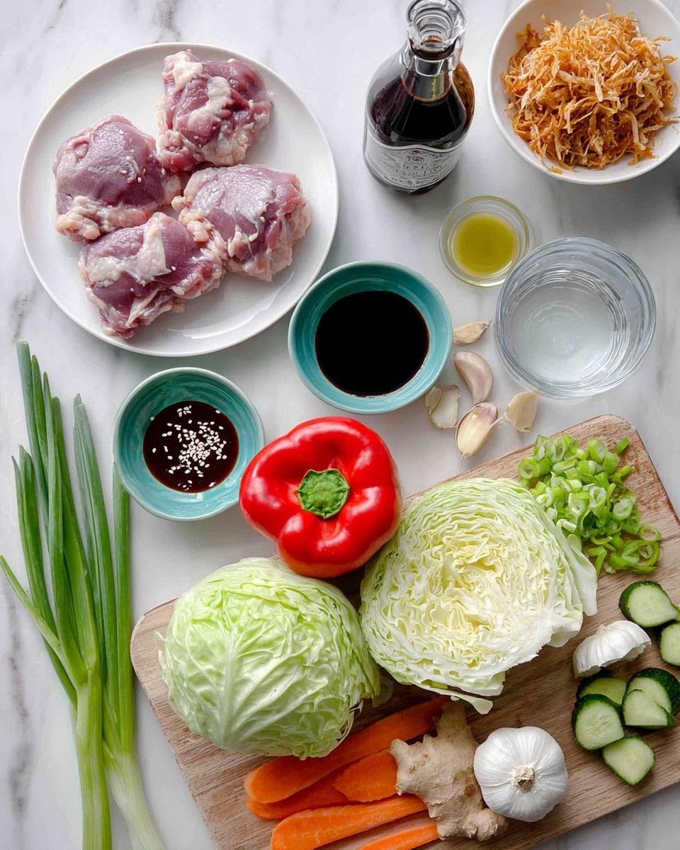 The image shows a top-down view of various fresh ingredients arranged neatly on a white marbled surface. On the top left, four raw, pink chicken thighs rest on a white plate. Below them, there are small turquoise bowls containing dark red sauce, light sesame seeds, and light yellow oil. To the right side, a bottle of dark soy sauce and a clear glass bowl with water are placed. On a wooden chopping board in the center, a large bright red bell pepper sits next to two halves of green cabbage, some shredded cabbage in the middle, and a whole orange carrot on the right edge. Also on the board are a fresh green chili, two garlic cloves, a piece of ginger, a sliced cucumber with some pieces scattered nearby, and green onions extending off the board's bottom left corner. In the top right corner, a white bowl contains crispy fried onions. The entire setup is clear, colorful, and well-lit, photo taken with an iphone --ar 4:5 --v 7