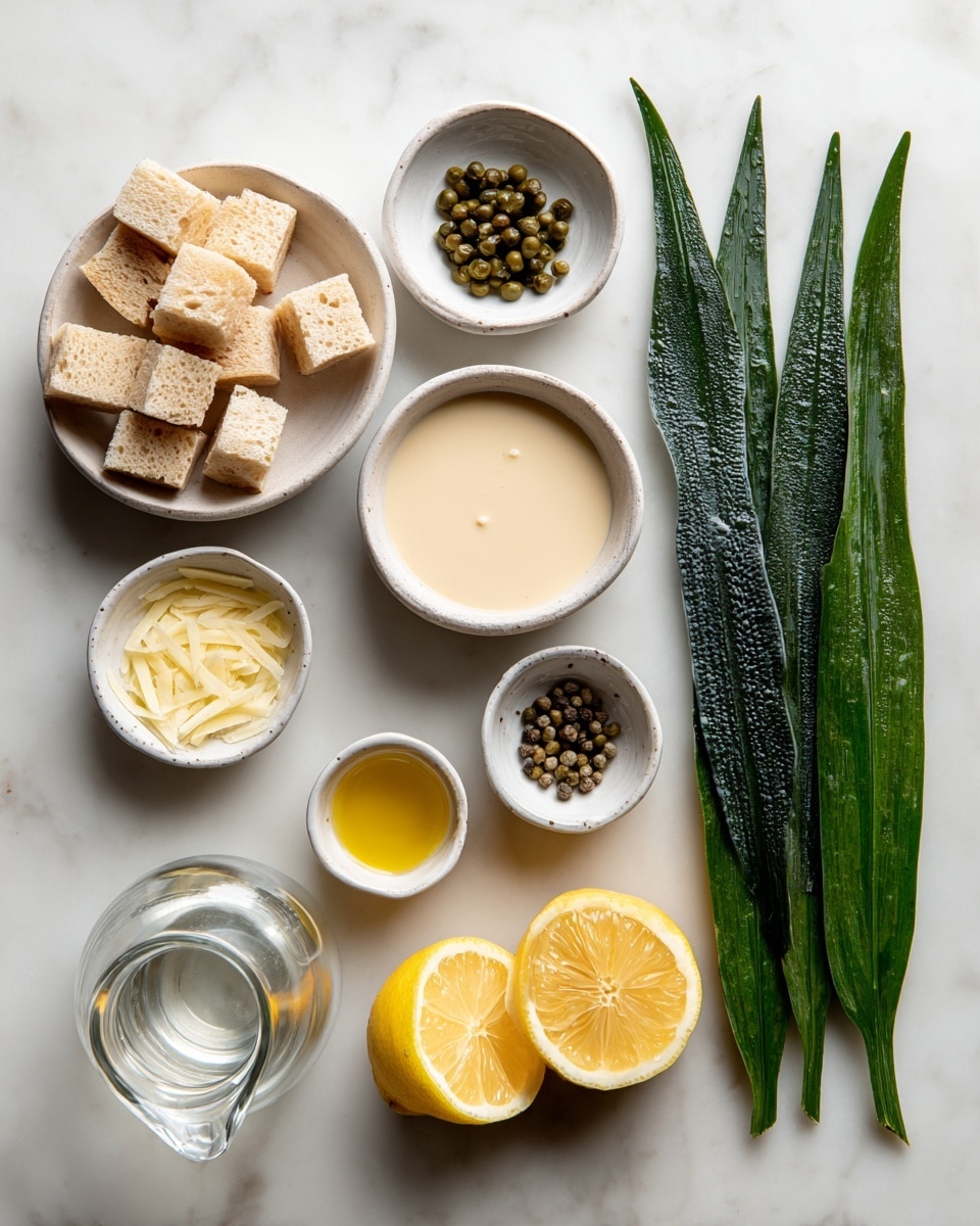 The image shows an arrangement of ingredients on a white marbled surface. On the right, there are long dark green leaves with a textured surface placed vertically. To the left of the leaves, there are small white bowls arranged in a scattered line: one bowl contains light brown cubes of bread, another holds a creamy beige sauce with a smooth texture, a third contains small green round peppercorns, a bowl with shaved pale yellow cheese, and another with a golden liquid. There is also a small glass jug filled with clear water near the center. Two lemon halves with bright yellow skin and juicy interiors are placed near the bottom center of the image. The whole layout is neat and spaced out evenly. Photo taken with an iphone --ar 4:5 --v 7