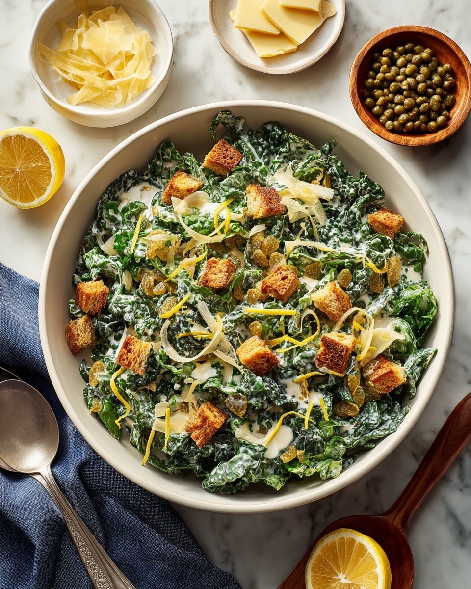 A white bowl is filled with a creamy kale salad that has three main layers: the base is dark green kale leaves coated in a light, creamy dressing; scattered on top are small, golden-brown croutons adding a crunchy texture; the final layer includes thin, pale yellow cheese shavings and small yellow bits of lemon zest spread evenly over the salad. Around the bowl on a white marbled surface, there are two small white bowls—one holding light yellow cheese slices and the other with lemon wedges—and a small brown bowl filled with small green capers. Nearby, a silver fork and spoon rest next to the bowl with a dark blue cloth. photo taken with an iphone --ar 4:5 --v 7