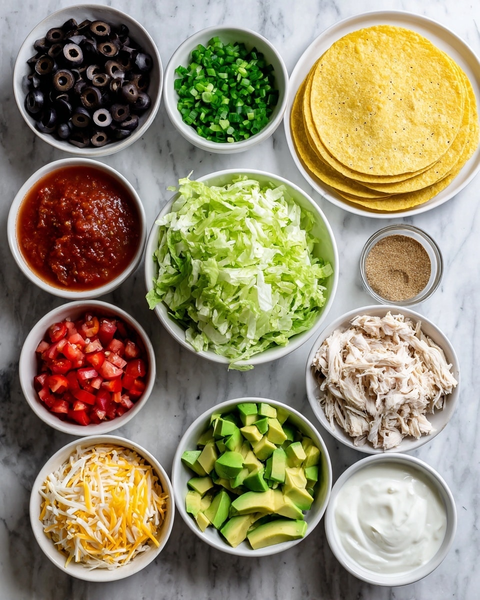 The image shows various small white bowls and a white plate arranged on a white marbled surface. The white plate on the right holds a stack of yellow corn tortillas. Starting from the top left, there is a bowl filled with sliced black olives, followed by a bowl of chopped green onions, and a bowl with red salsa next to it. Below the olives is a bowl of chopped fresh tomatoes, next to it is a bowl of light brown taco seasoning, and in the center is a bowl of shredded green lettuce. To the right of the lettuce is a bowl of sliced green avocado. At the bottom left is a bowl of shredded yellow and white cheese, next to it is a bowl filled with shredded white cooked chicken. Finally, to the right of the salsa are two small bowls, one containing white sour cream and the other filled with a white liquid possibly crema or sauce. photo taken with an iphone --ar 4:5 --v 7