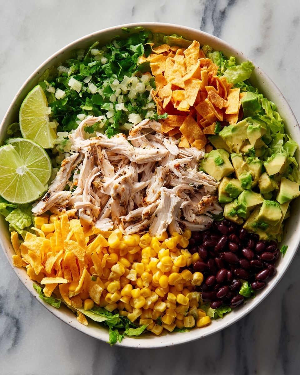 A bowl is full of a mixed salad with three main layers visible: the bottom layer is bright green chopped lettuce, followed by a thick layer of yellow corn kernels scattered all over. On top, there are shredded white chicken pieces spread across, with small chunks of green avocado, dark red tortilla chips, and some black beans sprinkled evenly. Two lime wedges rest on one side of the bowl, and the whole dish sits on a white marbled surface. Photo taken with an iphone --ar 4:5 --v 7