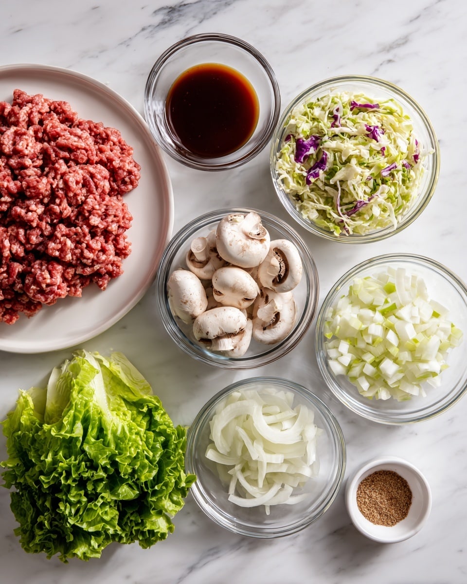 The image shows a white plate with a large portion of raw ground meat on the left side. To the right, there are six clear glass bowls arranged in a group on a white marbled surface. The top left bowl holds dark brown liquid sauce, the top middle bowl has light-colored coleslaw with green and purple cabbage, and the top right bowl contains white small round slices. The bottom left bowl is filled with sliced white mushrooms, the bottom middle bowl has chopped white onions, and to the far right, there is a tiny white bowl with a brown powdered spice. Below these bowls, fresh green leafy lettuce is placed. Photo taken with an iphone --ar 4:5 --v 7