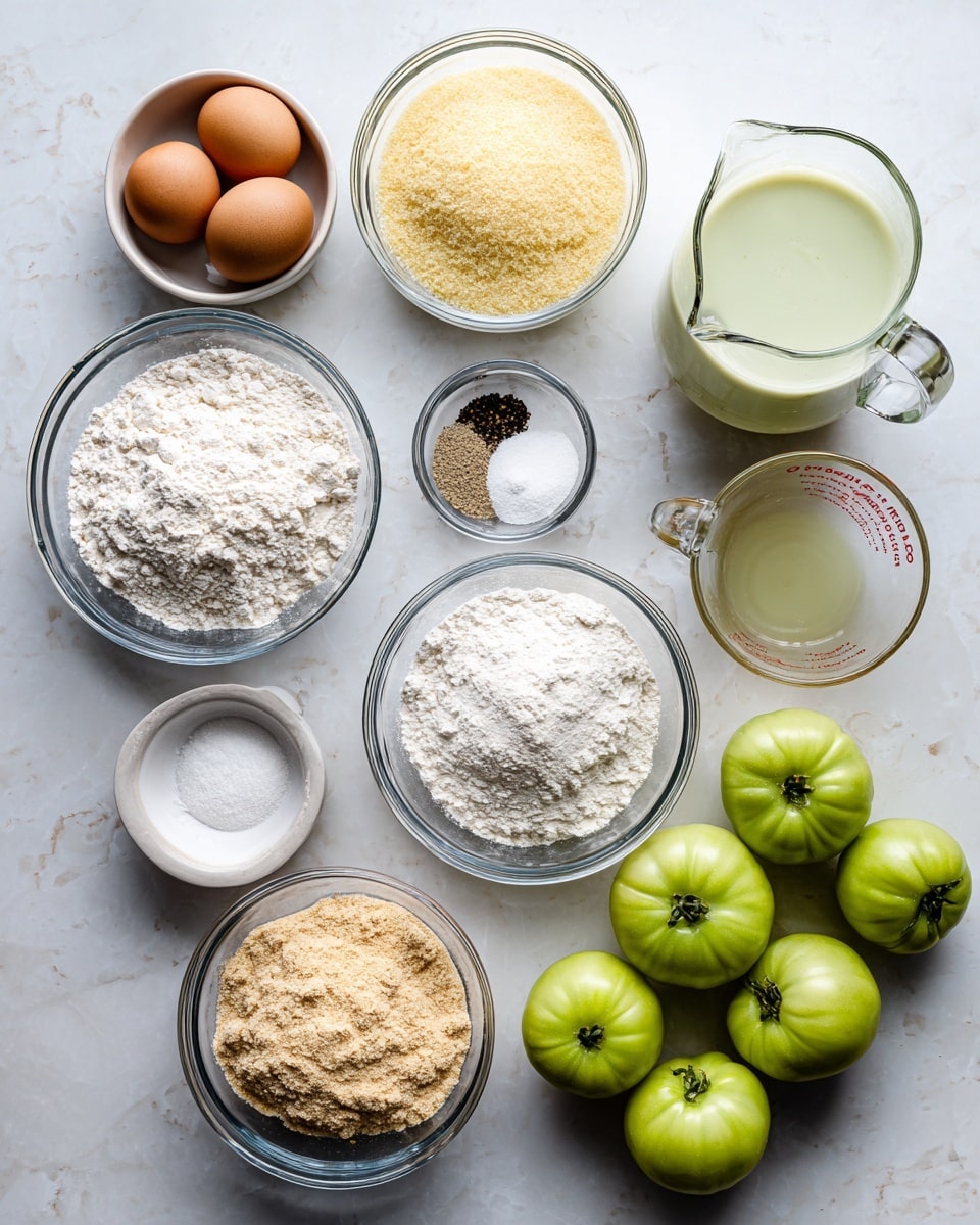 The image shows several clear glass bowls and a measuring cup arranged neatly on a white marbled surface. There are two brown eggs in a small bowl, a bowl of light yellow cornmeal, a bowl of white flour, a bowl of crushed crumbs in a light tan color, a bowl of white sugar, a small bowl of black pepper, a measuring cup filled with a light greenish-yellow liquid, and a glass pitcher of white milk. On the right side, there are five green tomatoes grouped together. All items are viewed from above in good light, with a clean and simple look. photo taken with an iphone --ar 4:5 --v 7