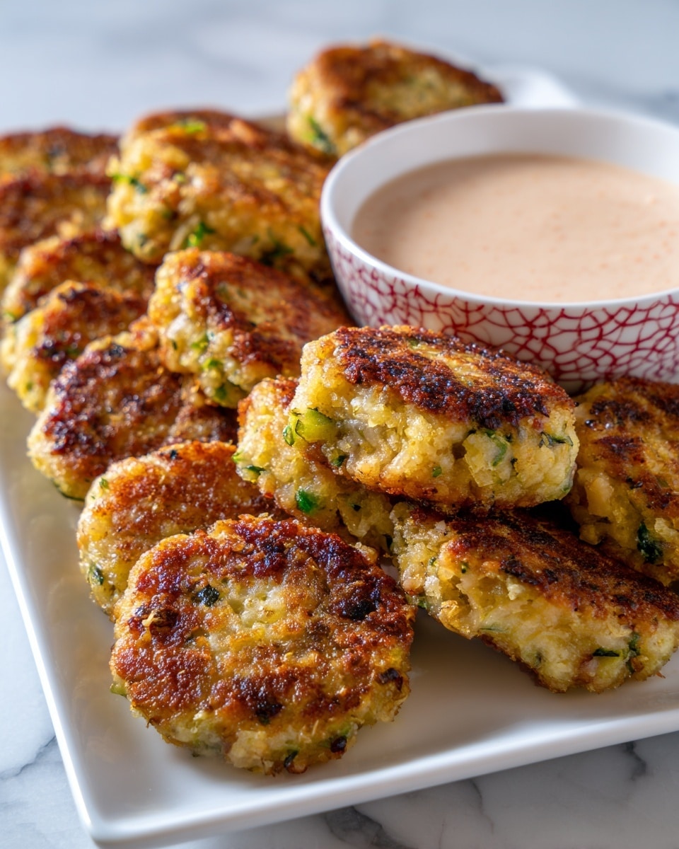 The image shows a white rectangular plate filled with two layers of golden brown, round patties with a crispy and crumbly texture. The patties have small bits of green and dark specks visible, indicating herbs and spices inside. In the front right corner, part of a white bowl with a red patterned rim contains a light pink creamy sauce. The plate is placed on a white marbled surface. Photo taken with an iphone --ar 4:5 --v 7