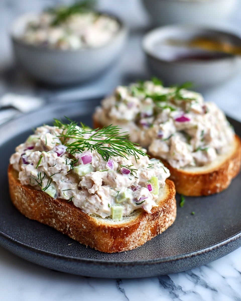 The image shows two pieces of toasted bread placed side by side on a dark gray plate. Each slice is covered with a thick layer of creamy tuna salad mixed with small pieces of red onion and celery, topped with thin sprigs of fresh dill. The bread has a golden brown crust with a soft, light inside. The plate sits on a white marbled surface with some bowls blurred in the background. Photo taken with an iphone --ar 4:5 --v 7