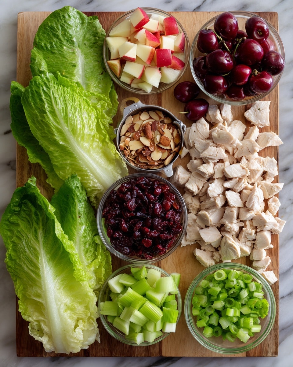 A flat lay of chopped salad ingredients is arranged neatly on a wooden surface. At the bottom left are three large, fresh green romaine lettuce leaves with veins visible. To the right of the lettuce is a pile of small white chunks of cooked chicken. Above the chicken are small cubes of red and white apple pieces. Near the center is a small clear glass bowl filled with dark red dried cranberries. To the left of the cranberries is a small metal measuring cup holding light brown almond slivers. Above the almonds is a small heap of chopped light green celery. At the top center are halved dark red cherries showing their pale inner flesh. On the right side, above the apple pieces, is a small clear glass bowl with chopped green onions showing bright green rings. The background is a white marbled texture. Photo taken with an iphone --ar 4:5 --v 7