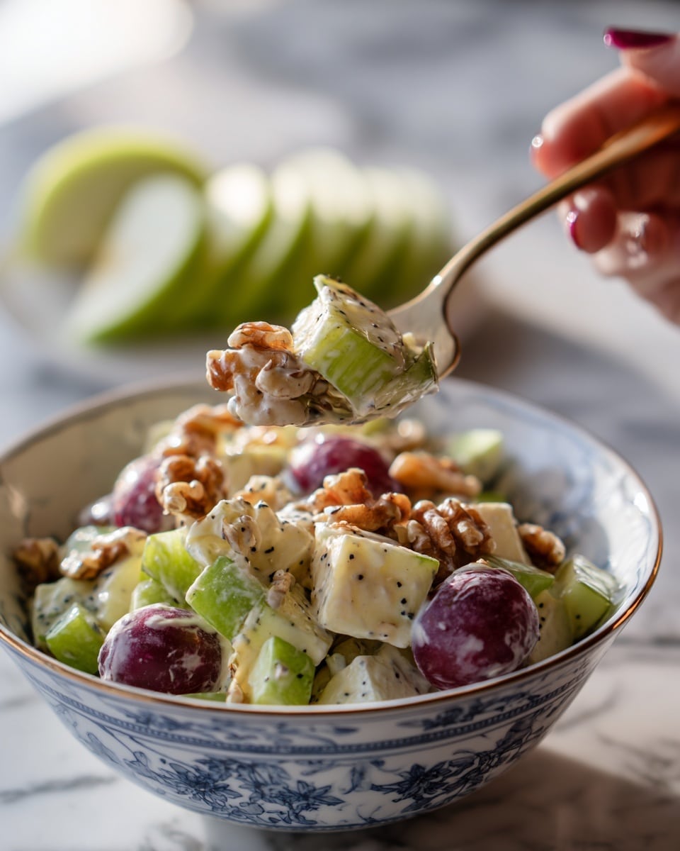 A close-up of a salad in a white bowl with blue patterns on the rim, showing several layers: the bottom has small chopped green celery pieces mixed with light green apple cubes, scattered with halved purple grapes. On top, creamy beige dressing coats the mix with visible small black pepper specks. Bits of chopped walnuts add a light brown crunchy texture. A woman's hand with a fork is lifting a spoonful of the salad. In the background, green apple slices rest on a white marbled surface. photo taken with an iphone --ar 4:5 --v 7