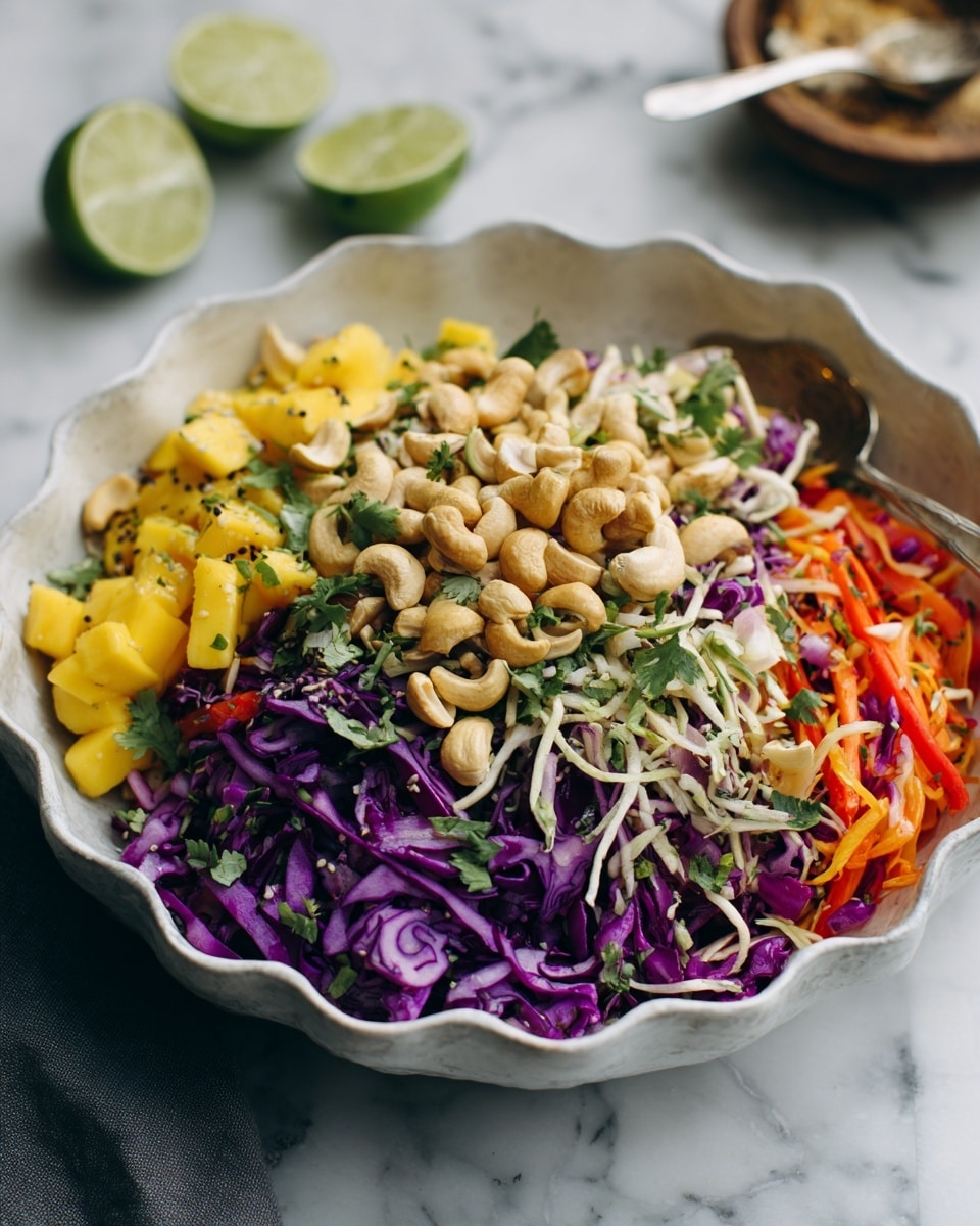 This image shows a white, wavy-edged bowl filled with a colorful salad on a white marbled surface. The salad has multiple layers: bright purple shredded cabbage on the bottom, mixed with thin strands of light green cabbage and orange carrot slivers. On top, there are chunks of light yellow mango or cheese, fresh green herbs, and many whole cashews scattered across the salad. The overall texture looks fresh and crunchy. In the background, a sliced lime and a woman's hand hold a spoon, slightly blurred. photo taken with an iphone --ar 4:5 --v 7