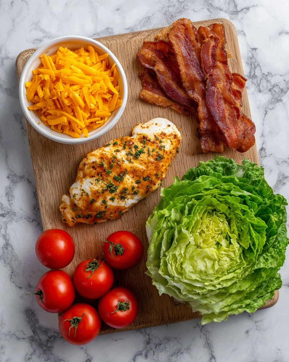 A wooden board sits on a white marbled texture surface, holding five fresh red tomatoes on green stems at the bottom left, a small white bowl filled with bright orange shredded cheddar cheese at the top left, a cooked white chicken breast sprinkled with herbs at the top center, two crispy golden-brown bacon strips slightly overlapping at the top right, and a large green lettuce head with layered, curly leaves at the bottom right. Photo taken with an iphone --ar 4:5 --v 7