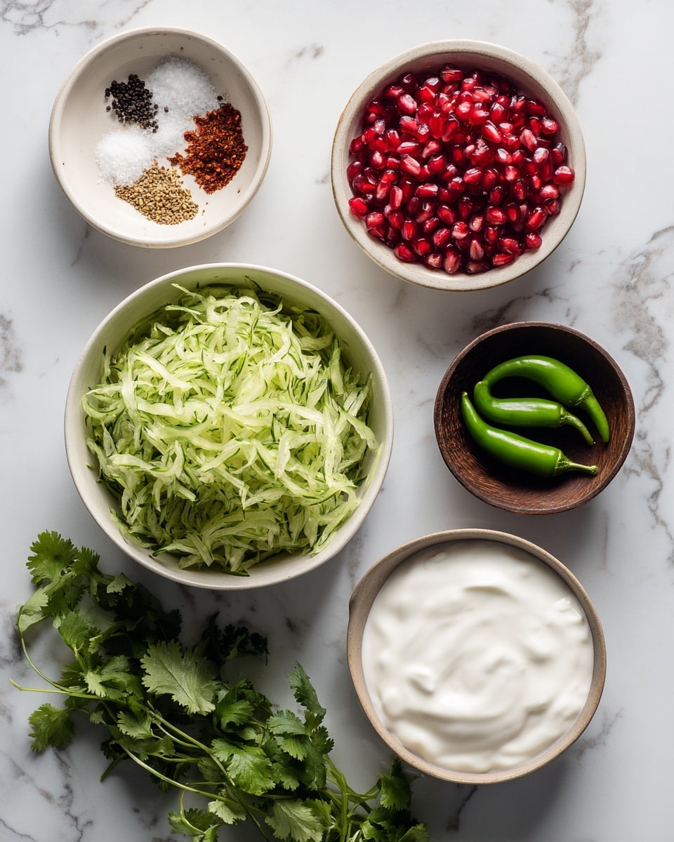 A white bowl filled with light green shredded cucumber sits on the right side of the frame. Below it to the left is another white bowl filled with smooth white yogurt. Above the yogurt bowl to the left are two smaller white bowls: one with bright red pomegranate seeds and another with a mixture of spices including salt, black pepper, and brown mustard seeds. To the right of the yogurt bowl is a small dark wooden bowl holding a few bright green chili peppers. Fresh green cilantro leaves are scattered around all the bowls, all set on a white marbled surface. Photo taken with an iphone --ar 4:5 --v 7