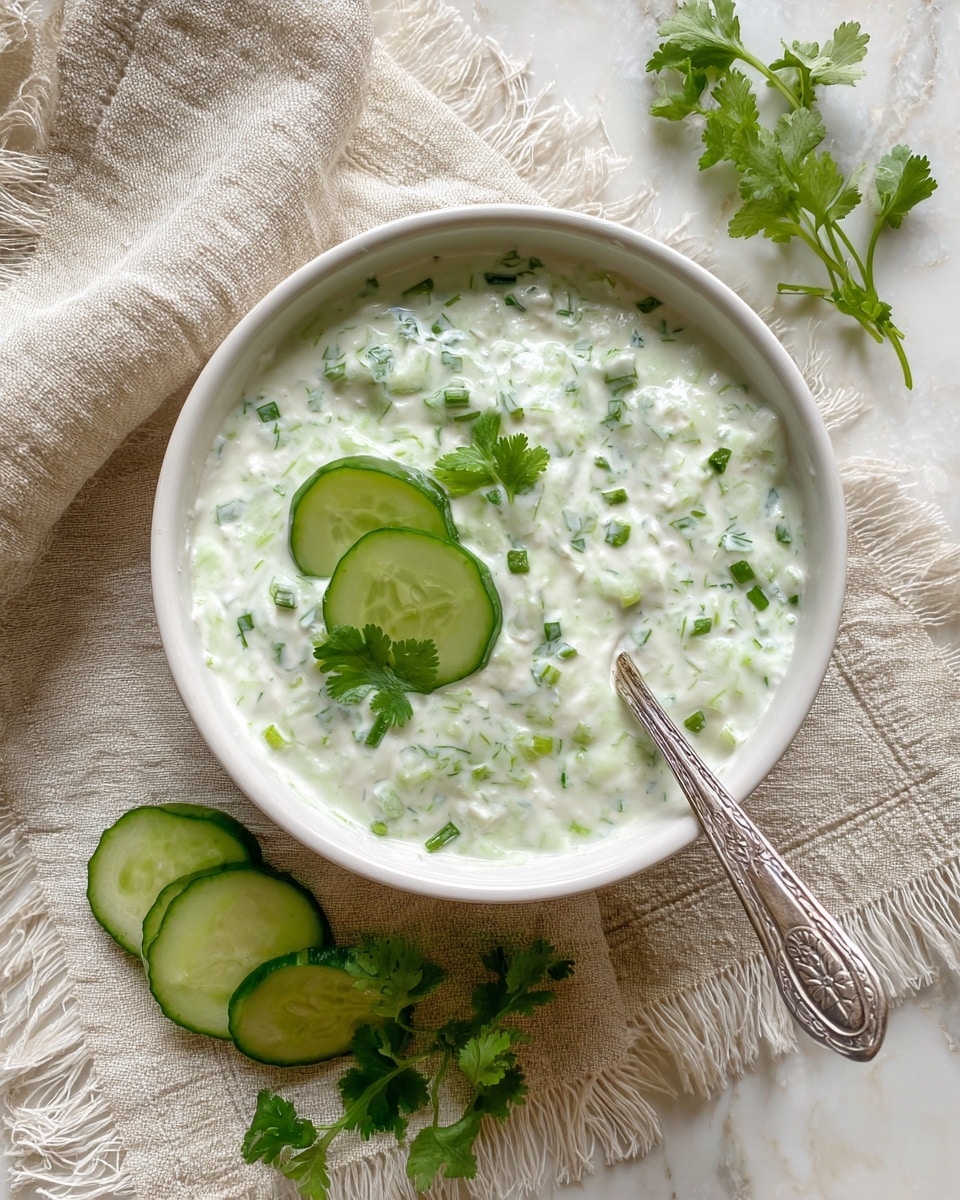 A white bowl filled with creamy yogurt mixed with small chopped green herbs, creating a soft, slightly lumpy texture with light green specks throughout. On top of the mixture are three thin slices of bright green cucumber and a small sprig of fresh, deep green cilantro placed near the edge. A delicate silver spoon with an ornate handle is partially dipped into the yogurt. The bowl is set on a beige textured fabric with frayed edges, and next to it lie three more cucumber slices and some fresh cilantro stems. The background is a white marbled surface. Photo taken with an iphone --ar 4:5 --v 7