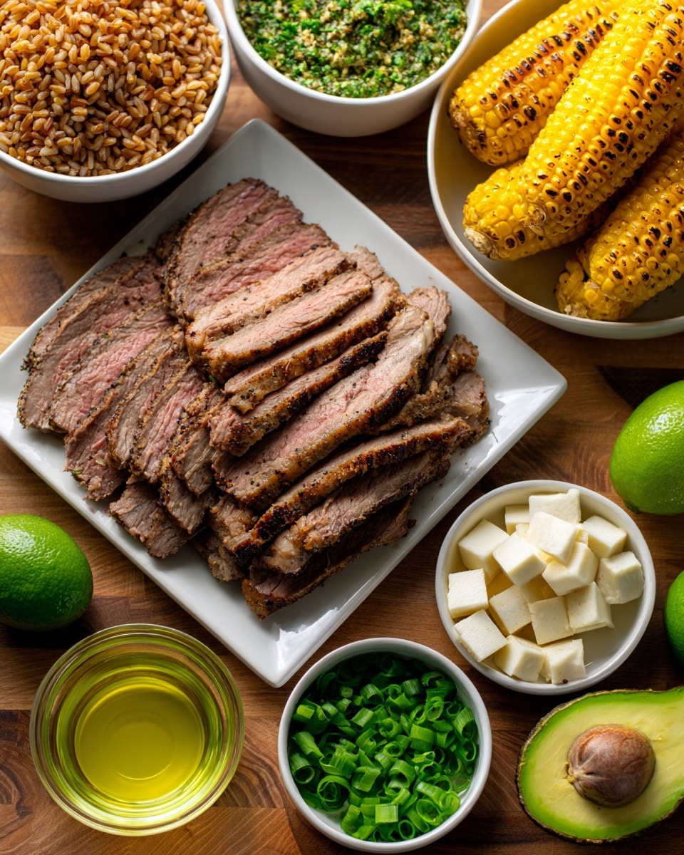 The image shows a white square plate in the center with many slices of cooked meat, mostly pink inside with light brown edges. Around it, there are white bowls filled with different foods: cooked brown grains on the left, a green herb or sauce mix on the top right, grilled yellow corn on the right, and small white cubes that look like cheese or tofu near the bottom right. Below the meat plate, there is a small glass cup with a clear yellow liquid, an avocado with dark green skin, a heap of chopped green onions, and a bright green lime. All items are placed on a wooden surface. Photo taken with an iphone --ar 4:5 --v 7