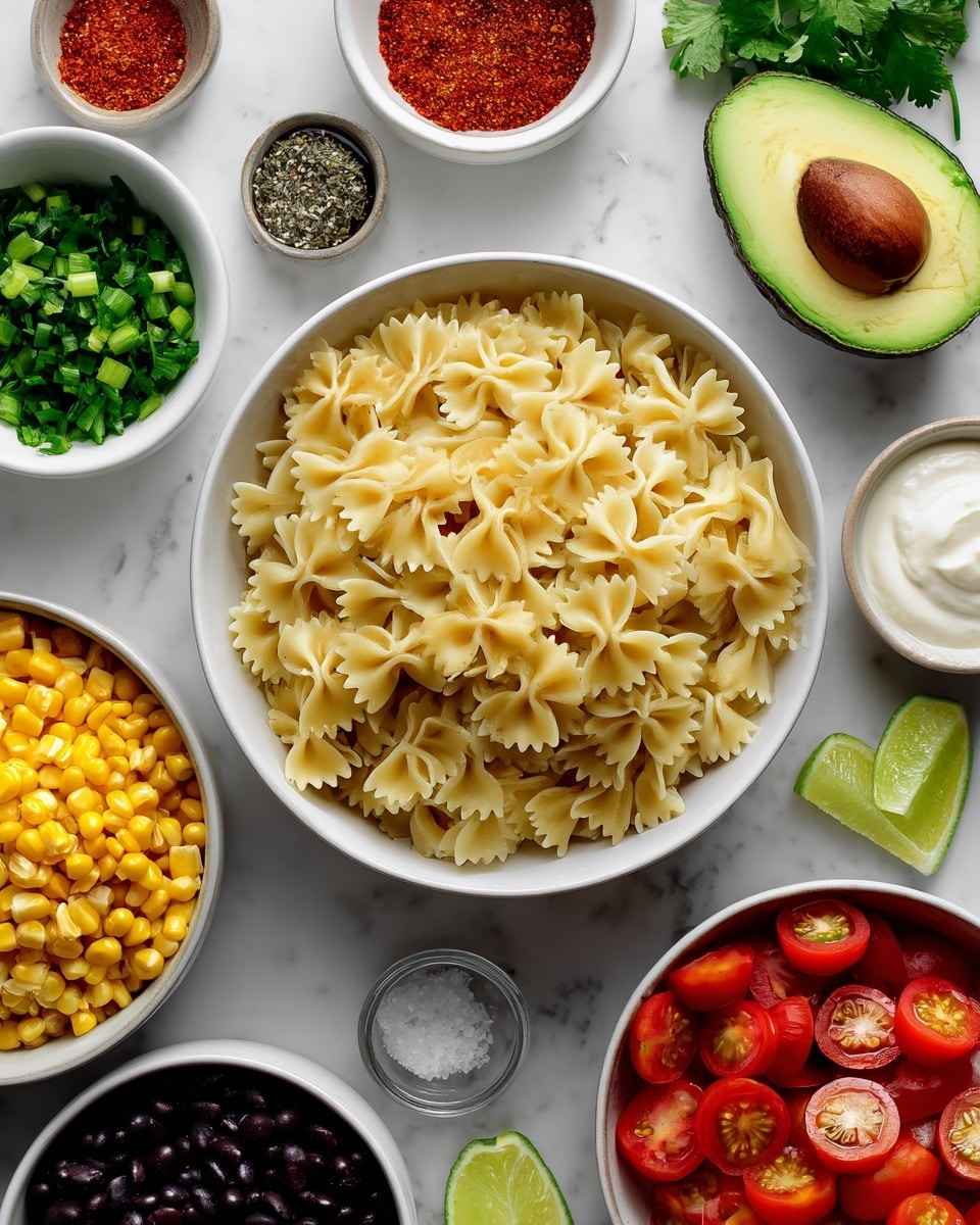 A white bowl filled with dry farfalle pasta sits in the center surrounded by smaller white bowls holding fresh ingredients on a white marbled surface. Above and around the pasta bowl, there are bowls of chopped fresh cilantro, chopped green onions, and a small bowl of bright red chili powder. To the right, two halves of an avocado with seed and without seed, and fresh lime wedges are visible. Below the pasta bowl, there is a bowl of black beans, a bowl with fresh corn kernels, and another bowl filled with colorful halved cherry tomatoes. Smaller bowls containing spices, salt, olive oil, minced garlic, and a dollop of sour cream or yogurt also surround the main ingredients. The scene is bright and fresh with a variety of colors and textures. photo taken with an iphone --ar 4:5 --v 7