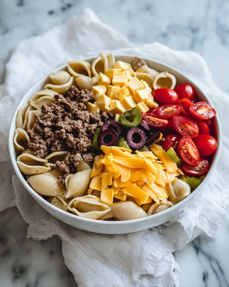 A white bowl holds a colorful mixed dish with multiple layers. The base layer consists of beige shell-shaped pasta, topped with a layer of ground brown meat scattered unevenly. Mixed among the pasta and meat are bright yellow cheese cubes, halved red cherry tomatoes, sliced black olives, and small pieces of green bell pepper, giving the dish a varied texture and vibrant color palette. The bowl rests on a softly wrinkled white cloth, all set on a white marbled surface. Photo taken with an iphone --ar 4:5 --v 7