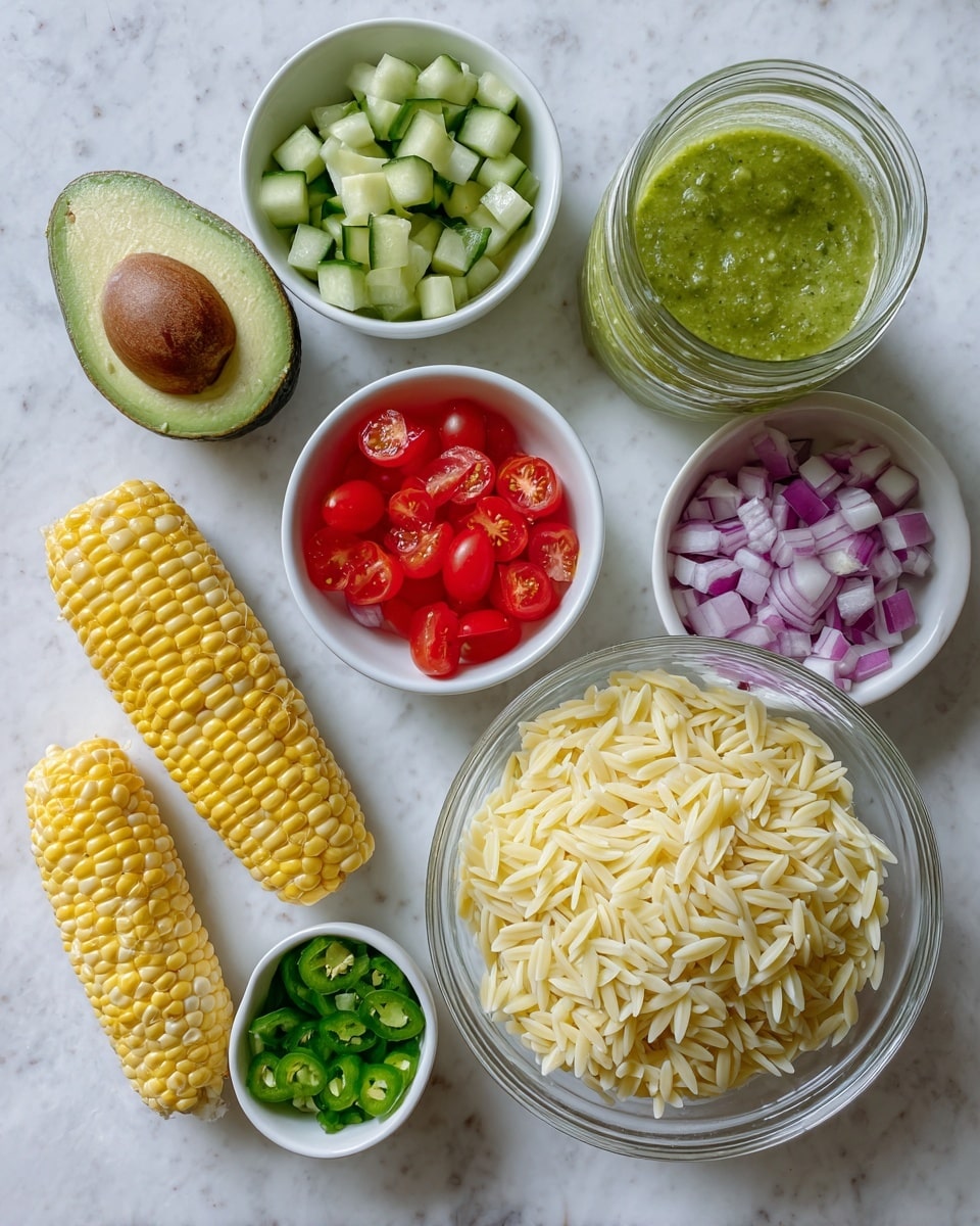 The image shows a clear glass bowl filled with light yellow orzo pasta at the right side. Around the bowl, there are three small white bowls, each holding chopped vegetables: green cucumber pieces at the top, red cherry tomato halves in the middle, and finely chopped red onion at the left. At the bottom, another small white bowl holds finely chopped green jalapeño peppers. To the left of the bowls, there is a fresh avocado cut in half showing the dark brown seed, and two ears of yellow corn lying side by side. At the top, a glass jar contains a thick green sauce or dressing. All items are placed on a white marbled surface, lit by bright natural light. photo taken with an iphone --ar 4:5 --v 7