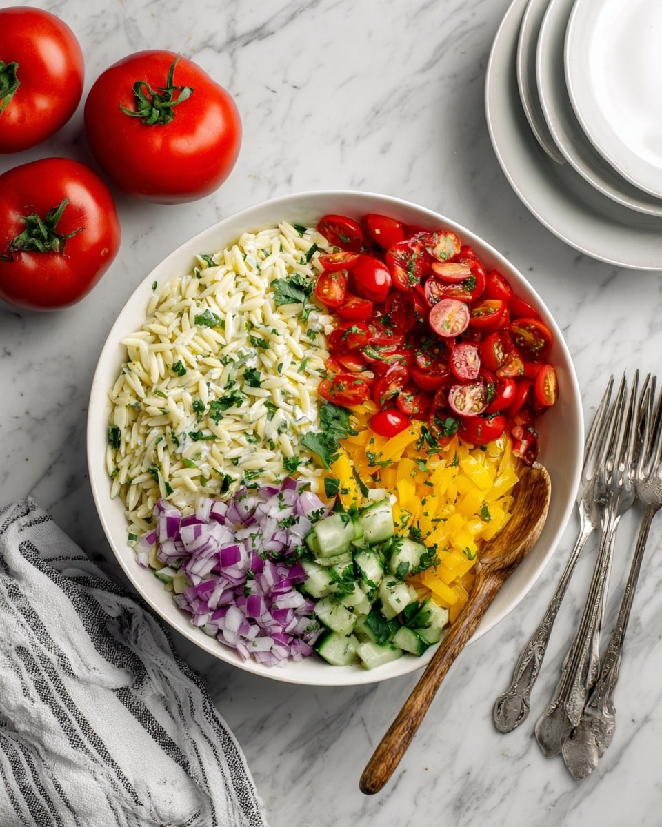 A white bowl filled with a vibrant orzo salad sits on a white marbled surface. The salad has three main layers: the bottom layer is the creamy white orzo pasta; the middle layer includes bright yellow bell peppers, diced green cucumbers, and chopped red onions scattered evenly; the top layer features halved red cherry tomatoes and small chopped fresh herbs mixed all over. A wooden spoon rests inside the bowl on the right side. Nearby, there is a white and gray striped napkin folded beside the bowl, two whole red tomatoes positioned above, and a neat stack of white plates to the upper right. Two silver forks lie crossed at the bottom right corner. Photo taken with an iphone --ar 4:5 --v 7
