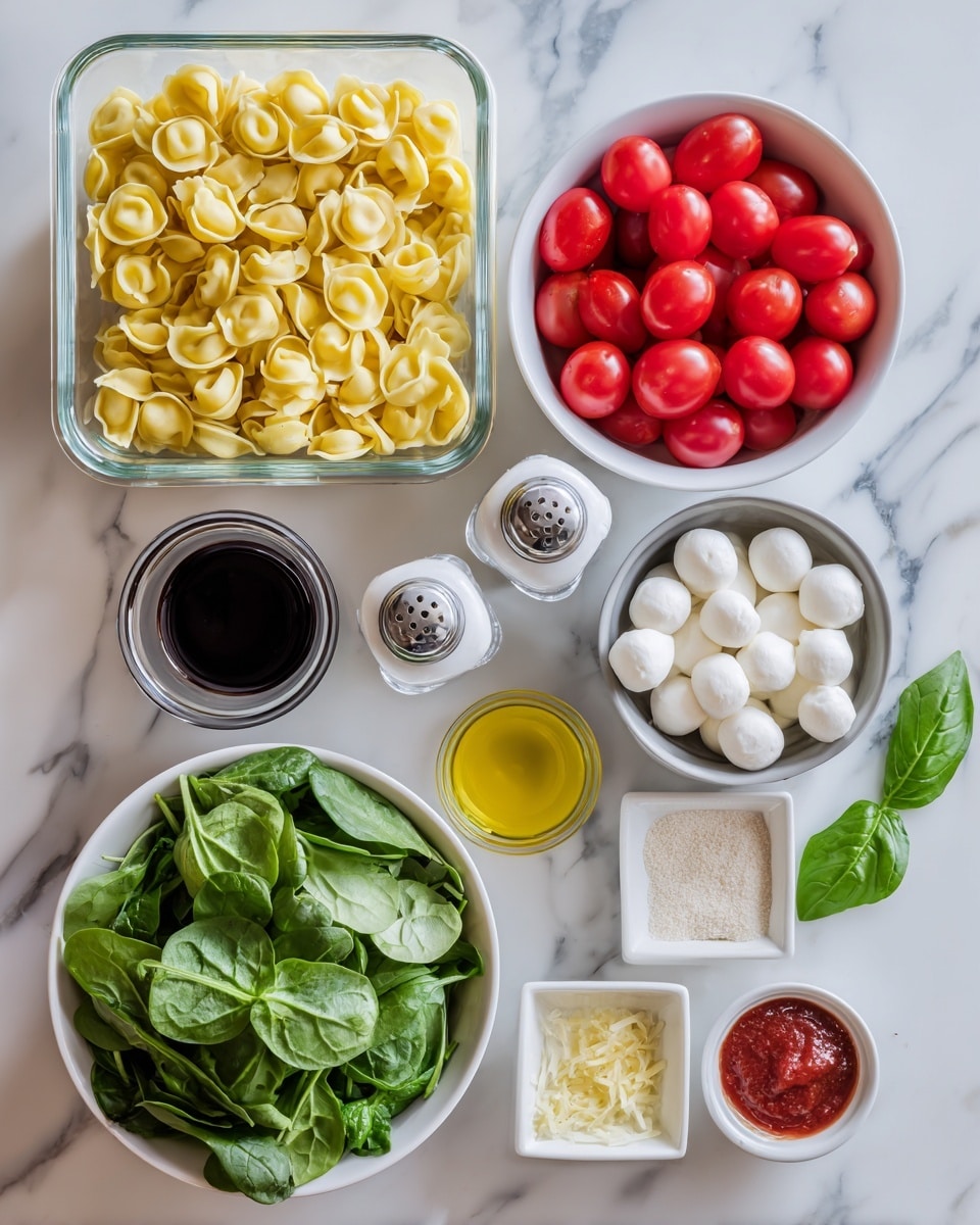 The image shows an overhead view of several containers and bowls on a white marbled surface, each filled with fresh ingredients. In the top left, there is a clear rectangular container full of yellow tortellini pasta. To the right, a white bowl holds bright red cherry tomatoes. Below the tomatoes, a gray bowl contains small round white mozzarella balls. On the left, a white bowl is filled with fresh green spinach leaves. Below these, there is a small white cup with dark balsamic vinegar and next to it a small bowl of light yellow minced garlic. Between the spinach and mozzarella, there are two small clear salt and pepper shakers. At the bottom of the image, a small white bowl holds yellow olive oil, a white square dish contains light beige granulated seasoning, and to the right, there's a small white bowl with dark red liquid, likely hot sauce. A few bright green basil leaves rest near the right side of the balsamic vinegar. Photo taken with an iphone --ar 4:5 --v 7