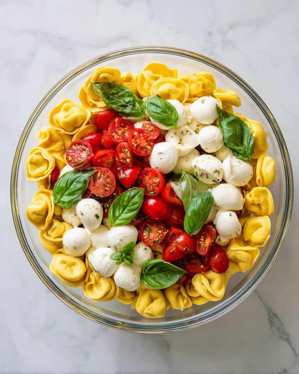 A clear glass bowl filled with three layers of food on a white marbled surface: the bottom layer is bright yellow tortellini pasta with a smooth texture, the middle layer has halved red cherry tomatoes and fresh green basil leaves scattered evenly, and the top layer includes large white mozzarella balls with a soft, slightly browned surface, all mixed gently. The basil leaves add a glossy, leafy green touch, and the tortellini shows slight browning from cooking. The bowl is viewed from above photo taken with an iphone --ar 4:5 --v 7