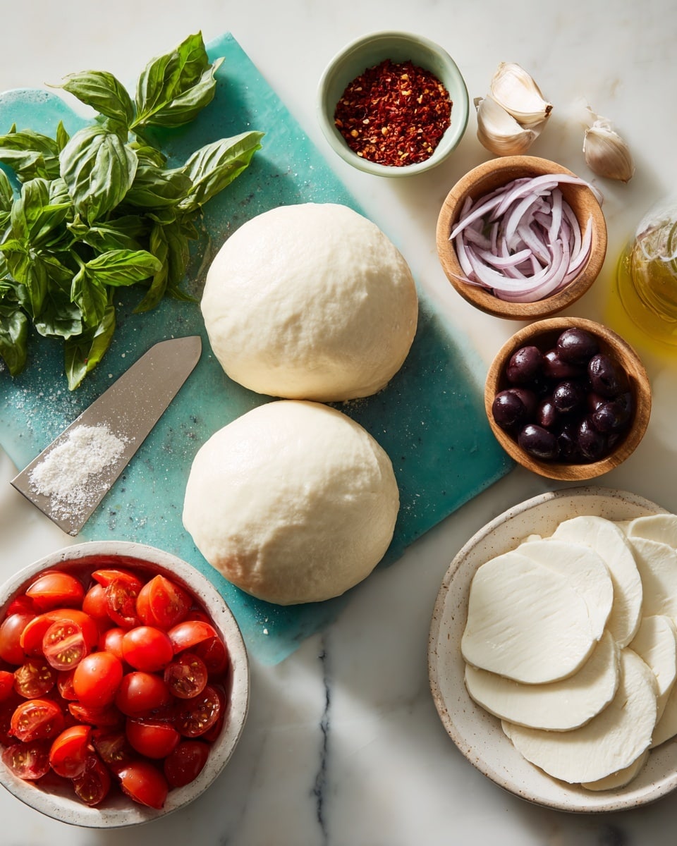 Two smooth dough balls rest on a teal cutting board alongside a metal dough scraper. To the left on a white marbled surface, seven ingredients are arranged: a bunch of fresh green basil leaves with natural texture, a small light green bowl filled with red chili flakes, a small white bowl of sliced black olives showing deep purple and reddish hues, a small wooden bowl of white salt, a clear glass bottle filled with golden olive oil, a small garlic clove, and a white bowl filled with bright red halved grape tomatoes with glossy skins. In the foreground, a white plate holds slices of soft, white mozzarella cheese with smooth texture. photo taken with an iphone --ar 4:5 --v 7