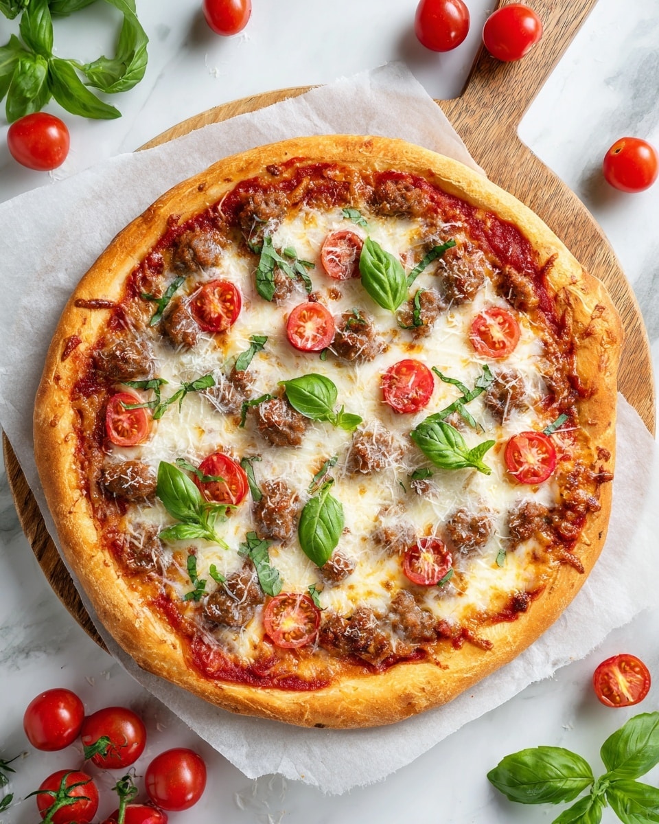 A round pizza on white parchment paper with a golden brown crust, topped with a layer of bright red tomato sauce spreading to the edges, melted white cheese covering the surface, scattered small brown meat pieces, thin slices of red cherry tomatoes evenly spread, and fresh bright green basil leaves placed on top. The pizza rests on a wooden board with fresh basil leaves and a bunch of red cherry tomatoes around it on a white marbled surface. Photo taken with an iphone --ar 4:5 --v 7
