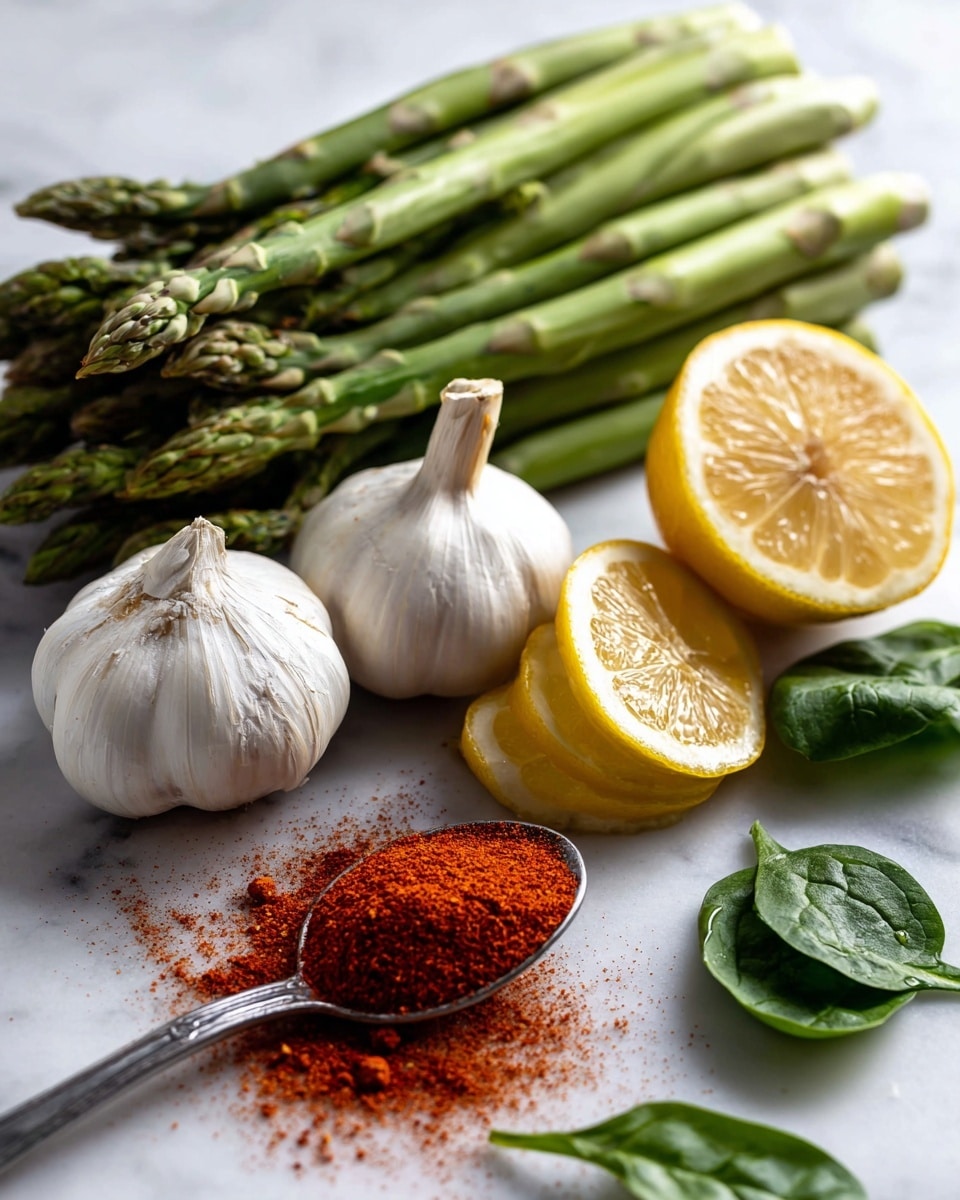 The image shows a white marble surface with fresh green asparagus stalks stacked horizontally at the back. In front of the asparagus are two whole white garlic bulbs with rough textures. Next to the garlic is a metal spoon filled with bright red paprika powder, some of which is spilled on the marble surface. On the right side, there is a half lemon with a bright yellow color and juicy texture, along with several lemon slices stacked in front of it. A few dark green leafy spinach leaves are placed next to the lemon slices. Photo taken with an iphone --ar 4:5 --v 7