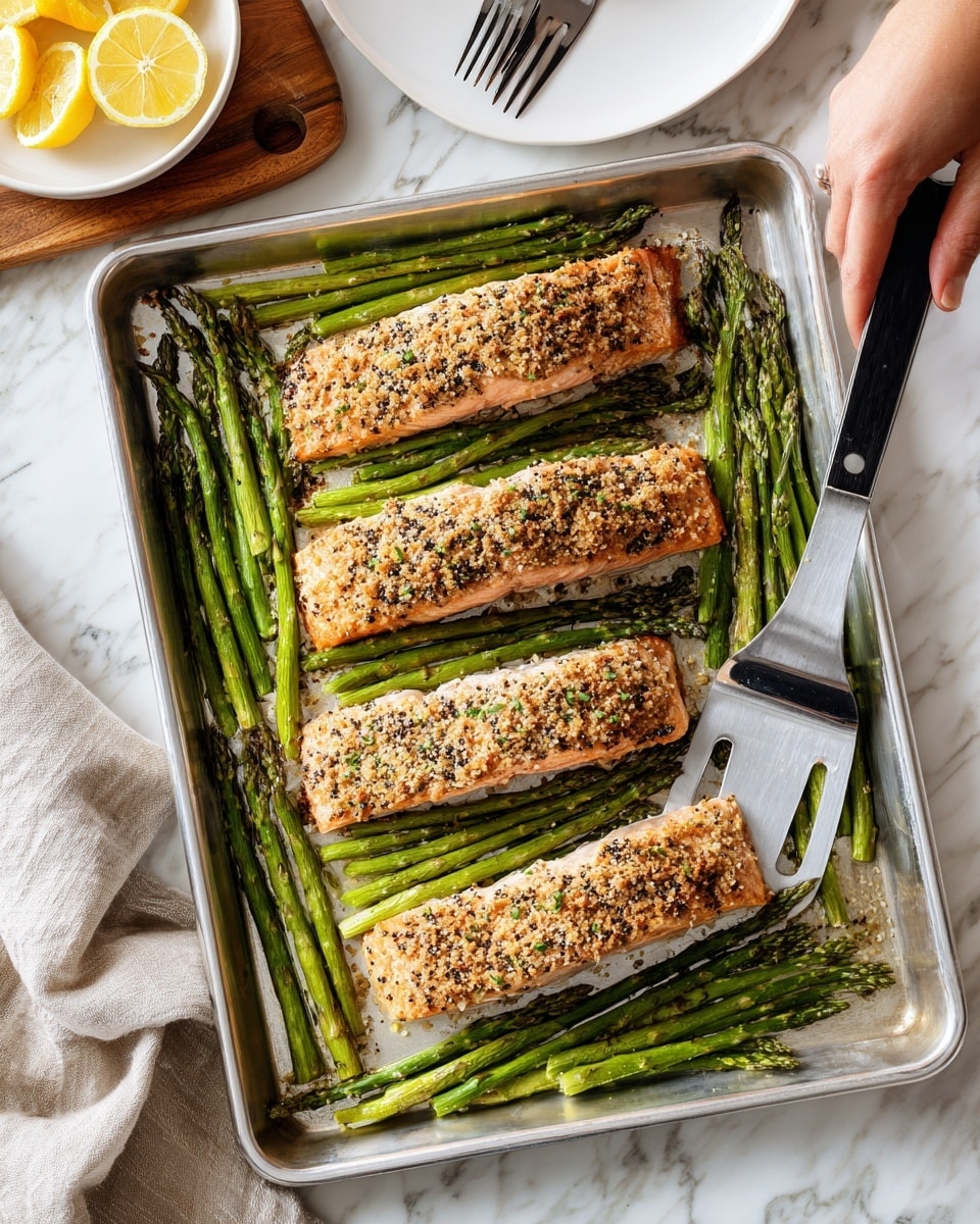Four pieces of golden-brown salmon fillets are laid on a bed of bright green asparagus stalks inside a metal baking tray. The salmon fillets have a coarse seasoning crust with black and white specks, giving a textured look on top. The asparagus stalks are neatly arranged, mostly parallel, filling the bottom of the tray. On the right side of the tray, a metal spatula with a black handle rests partly beneath one salmon piece. The tray sits on a white marbled textured surface, next to a white plate with a woman's hand holding a fork nearby. In the top left corner, slices of lemon in a white bowl on a wooden board add a fresh bright touch to the scene. photo taken with an iphone --ar 4:5 --v 7